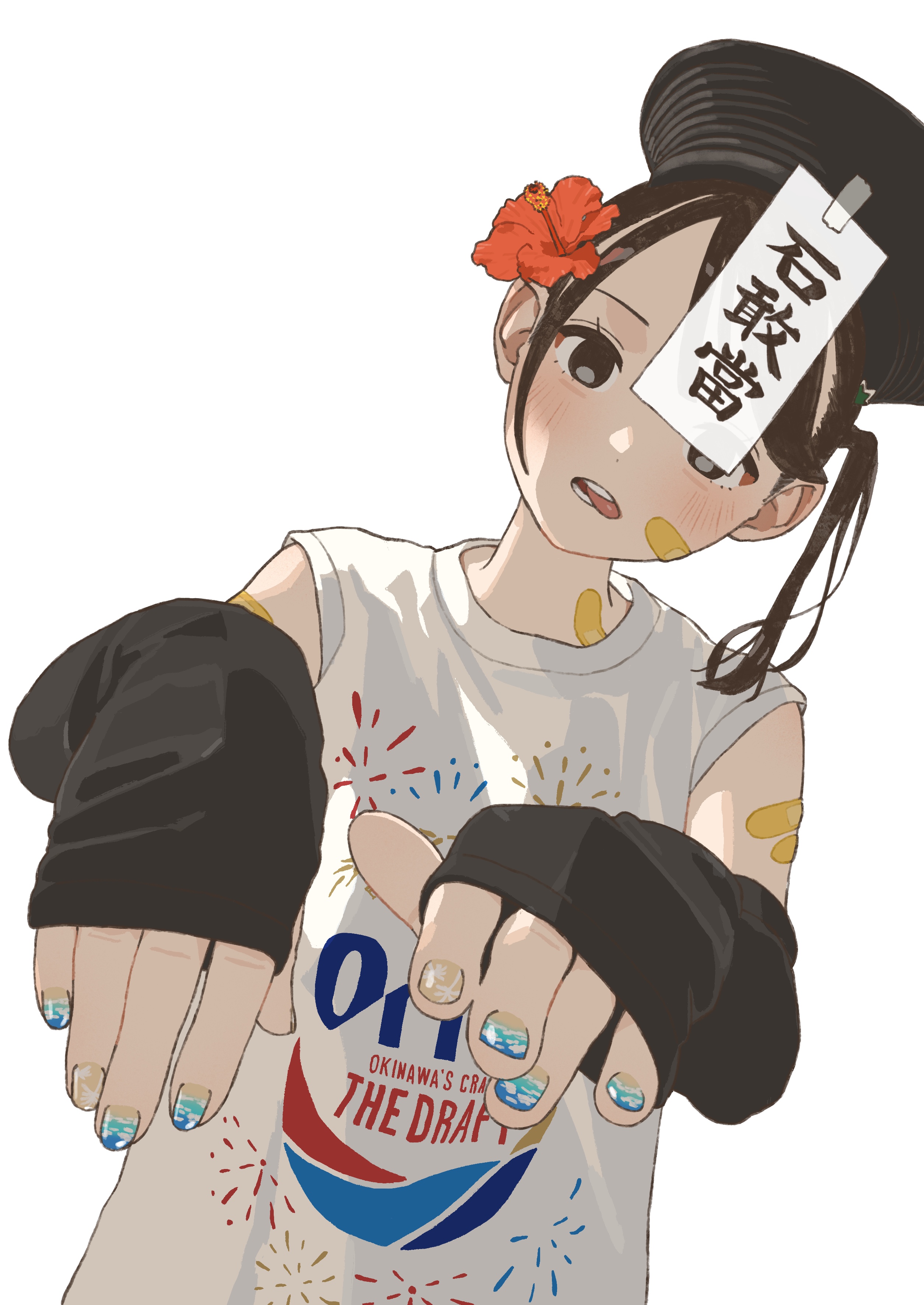 mashiro ka, original, absurdres, highres, 1girl, bandaid, bandaid on arm, bandaid on cheek, bandaid on face, black hat, blue nails, brown eyes, brown hair, detached sleeves, flower, hair flower, hair ornament, hat, jiangshi, light blush, long hair, long sleeves, looking at viewer, matsushima seika (mashiro ka), ofuda, open mouth, red flower, shirt, side ponytail, simple background, talisman, teeth, tongue, tongue out, white background, white shirt