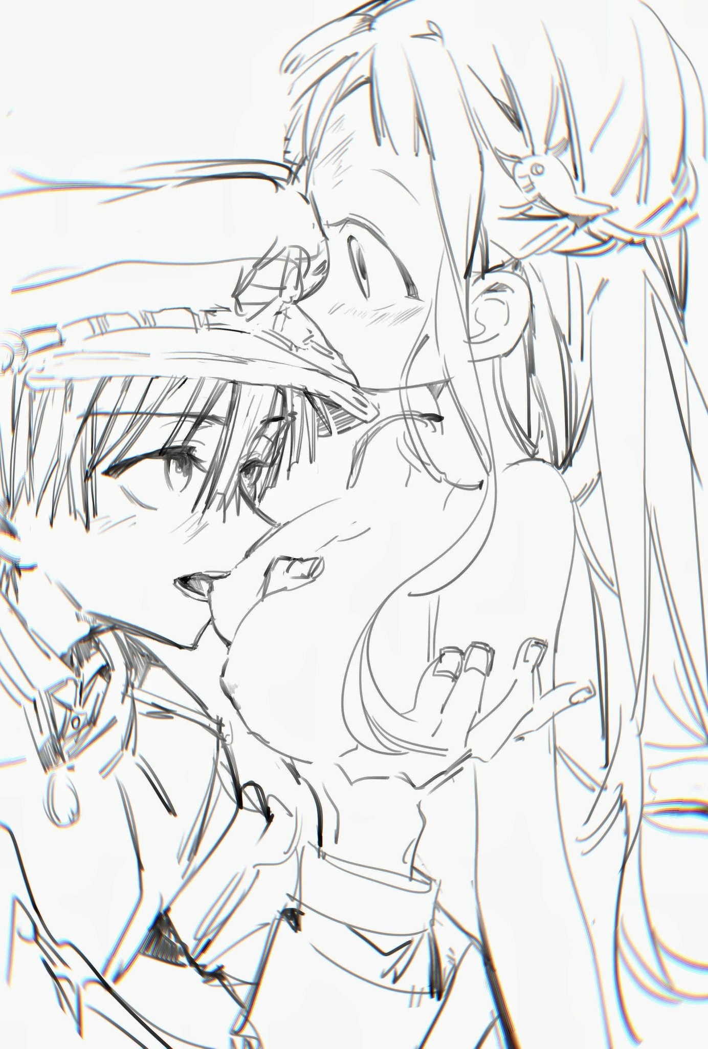 hanako (jibaku shounen hanako-kun), yashiro nene, jibaku shounen hanako-kun, highres, biting, blush, clothed male nude female, completely nude, grabbing another's breast, greyscale, groping, hat, monochrome, nipple biting, nipple stimulation, nipples, nude