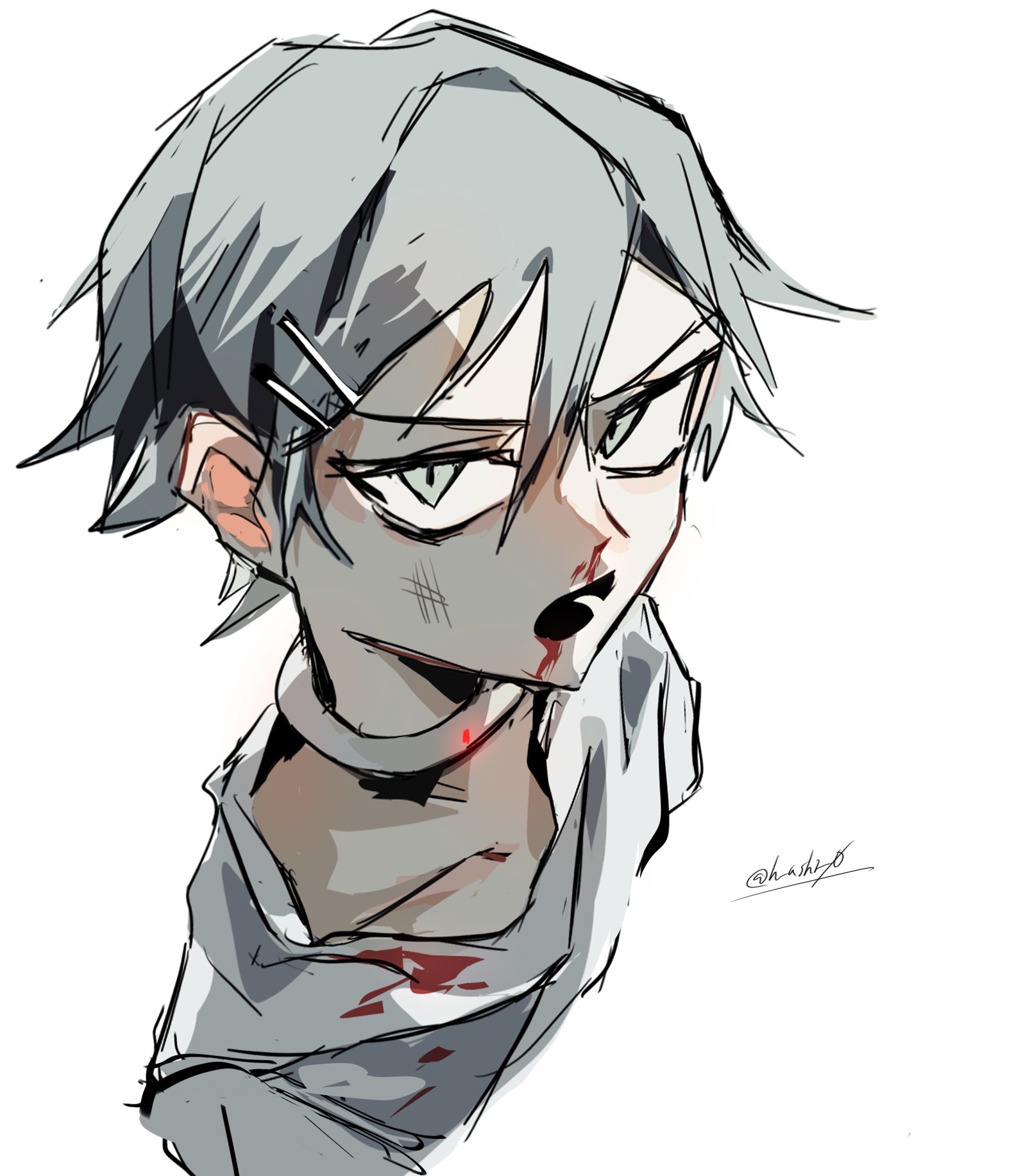 till (alien stage), alien stage, commentary, highres, 1boy, blood, choker, cropped shoulders, grey eyes, grey hair, h ashi 0, hair ornament, hairclip, male focus, nosebleed, open mouth, short hair, signature, solo, very short hair, white choker