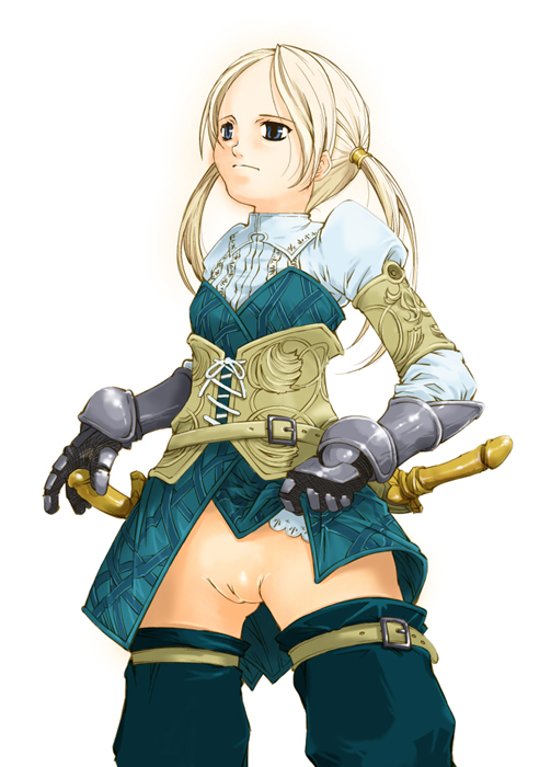 kyoutarou, suzuki kyoutarou, original, 1girl, armor, bottomless, dress, female focus, no panties, pussy, solo, sword, thighhighs, uncensored, weapon, white background