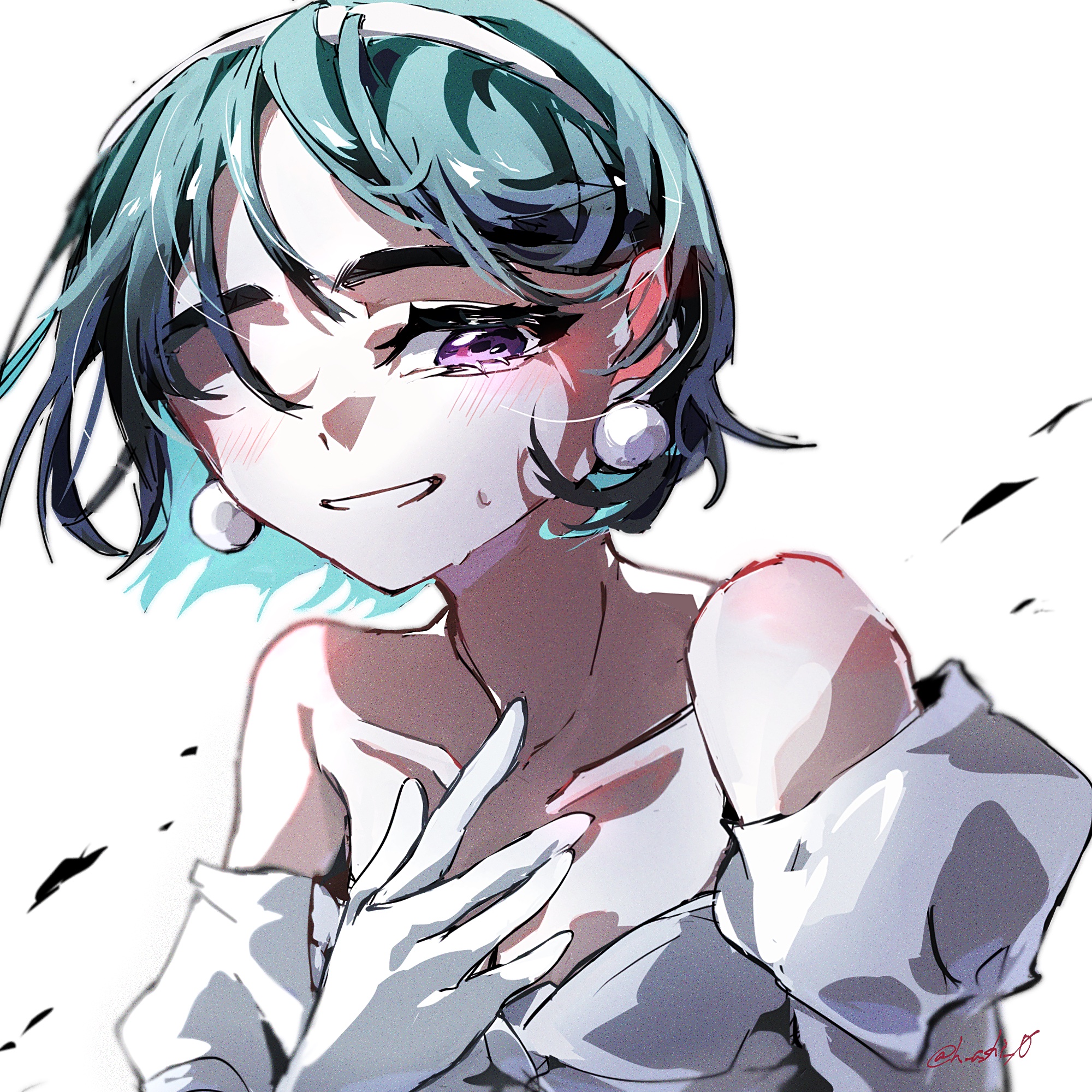 sua (alien stage), alien stage, commentary, highres, 1girl, bare shoulders, black hair, dress, earrings, gloves, h ashi 0, hairband, jewelry, pearl earrings, portrait, purple eyes, short hair, signature, smile, solo, sphere earrings, white dress, white gloves, white hairband