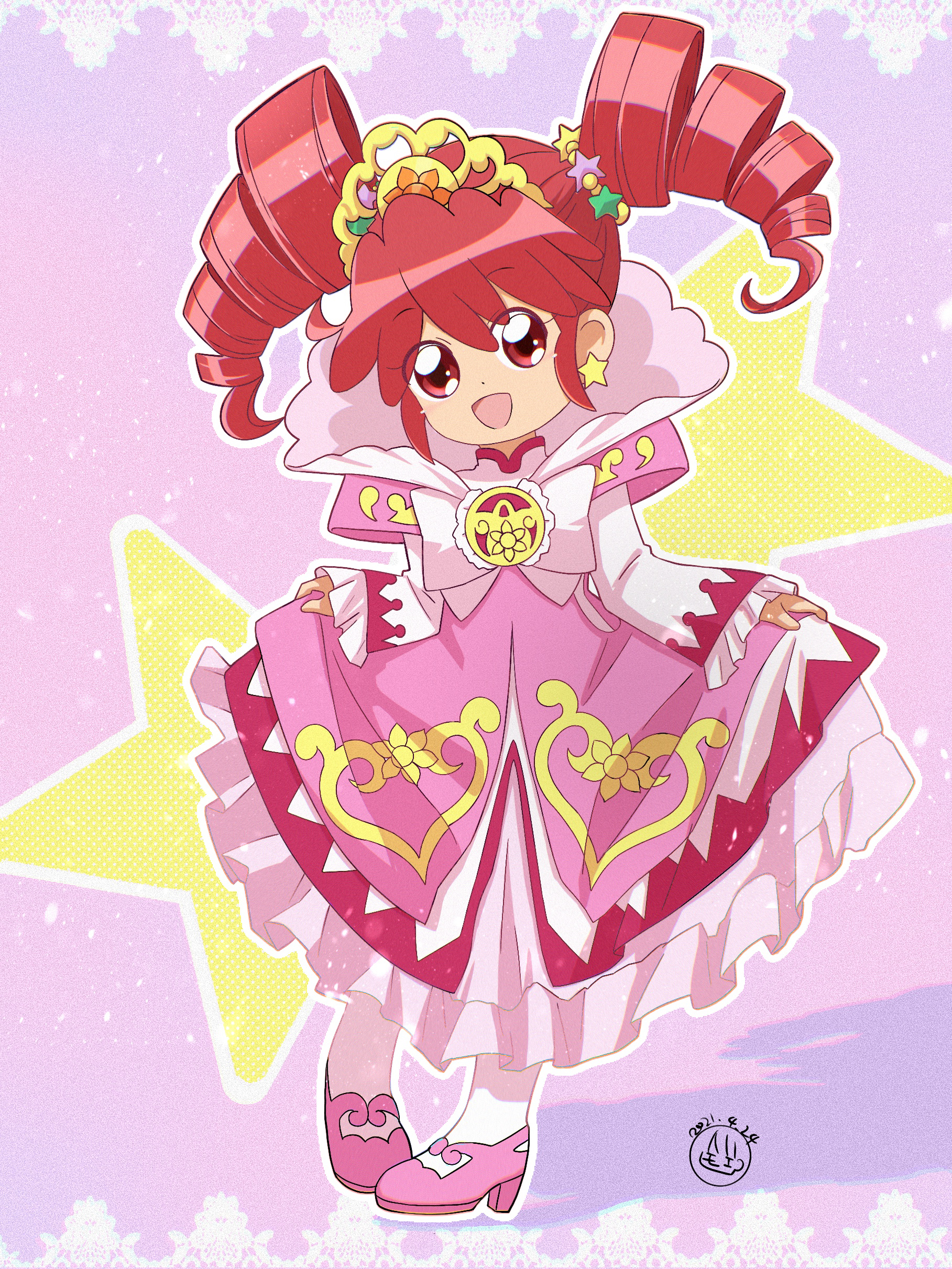 fine (futagohime), fine (prominence dress up) (futagohime), fushigiboshi no futago hime, absurdres, commentary, highres, 1girl, 964905950, :d, ahoge, artist name, blush, bow, chest bow, crest, curtsey, dated, dot nose, dress, dress bow, drill hair, earrings, film grain, frilled dress, frilled sleeves, frills, full body, gold tiara, gown, hair between eyes, hair ornament, heart, heart print, high collar, jewelry, lace background, long hair, long sleeves, looking at viewer, magical girl, mary janes, medallion, open mouth, outline, overskirt, pantyhose, pink background, pink dress, pink shoes, print dress, red eyes, red hair, shoes, signature, skirt hold, smile, solo, star (symbol), star earrings, star hair ornament, star symbol background, sun print, supportasse, tiara, twin drills, white bow, white outline, white pantyhose, wide sleeves
