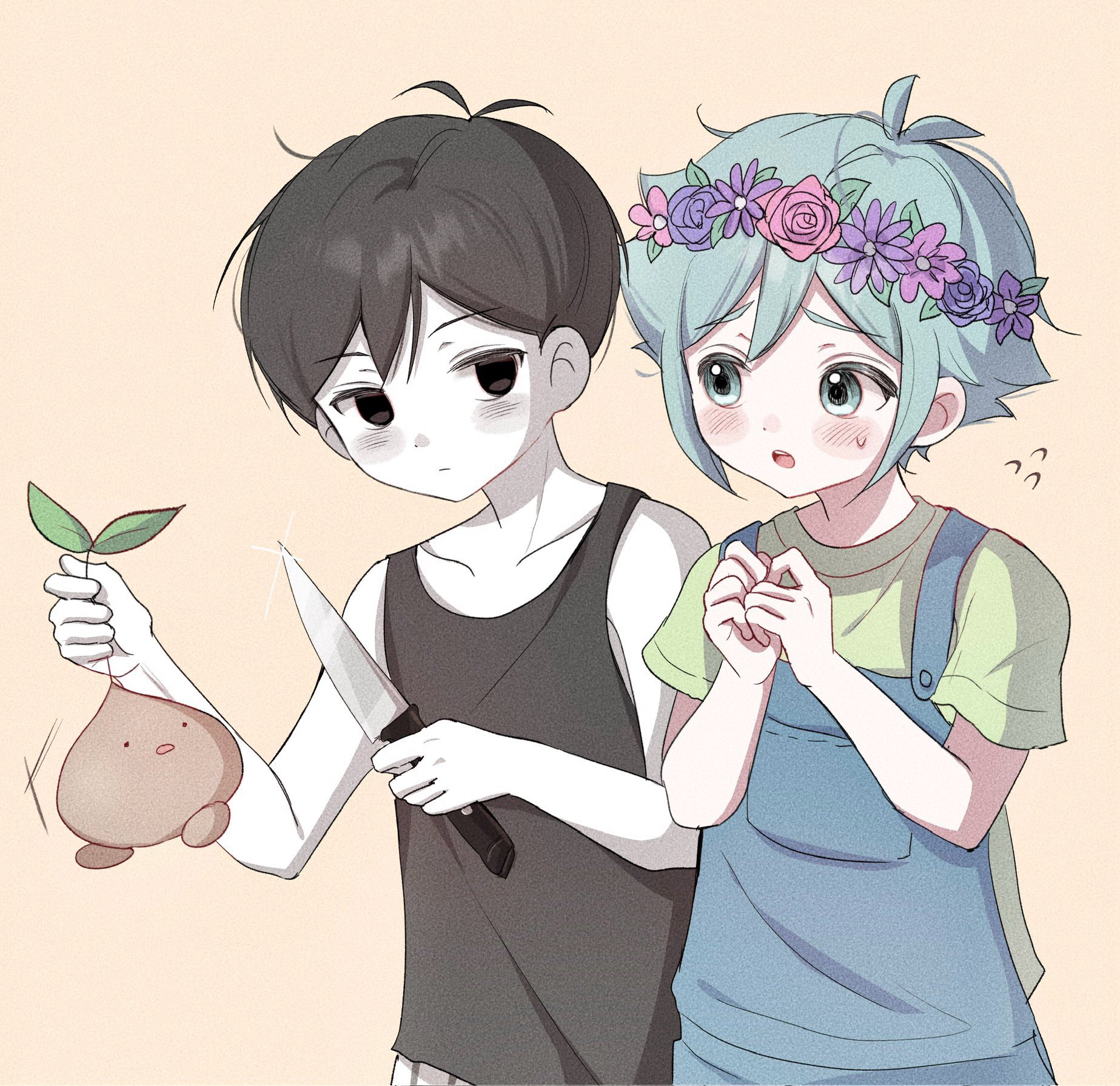 basil (faraway) (omori), basil (omori), omori (omori), sprout mole, omori, highres, 2boys, antenna hair, black eyes, black hair, black tank top, blue overalls, blush, brown background, closed mouth, collarbone, colored skin, double-parted bangs, expressionless, flower, flying sweatdrops, green eyes, green hair, green shirt, head wreath, holding, holding knife, knife, looking at another, male focus, multiple boys, open mouth, overalls, shirt, short hair, short sleeves, shorts, sidelocks, simple background, striped clothes, striped shorts, sweatdrop, t-shirt, tank top, teeth, upper teeth only, vertical-striped clothes, vertical-striped shorts, white shorts, white skin, wktdms1