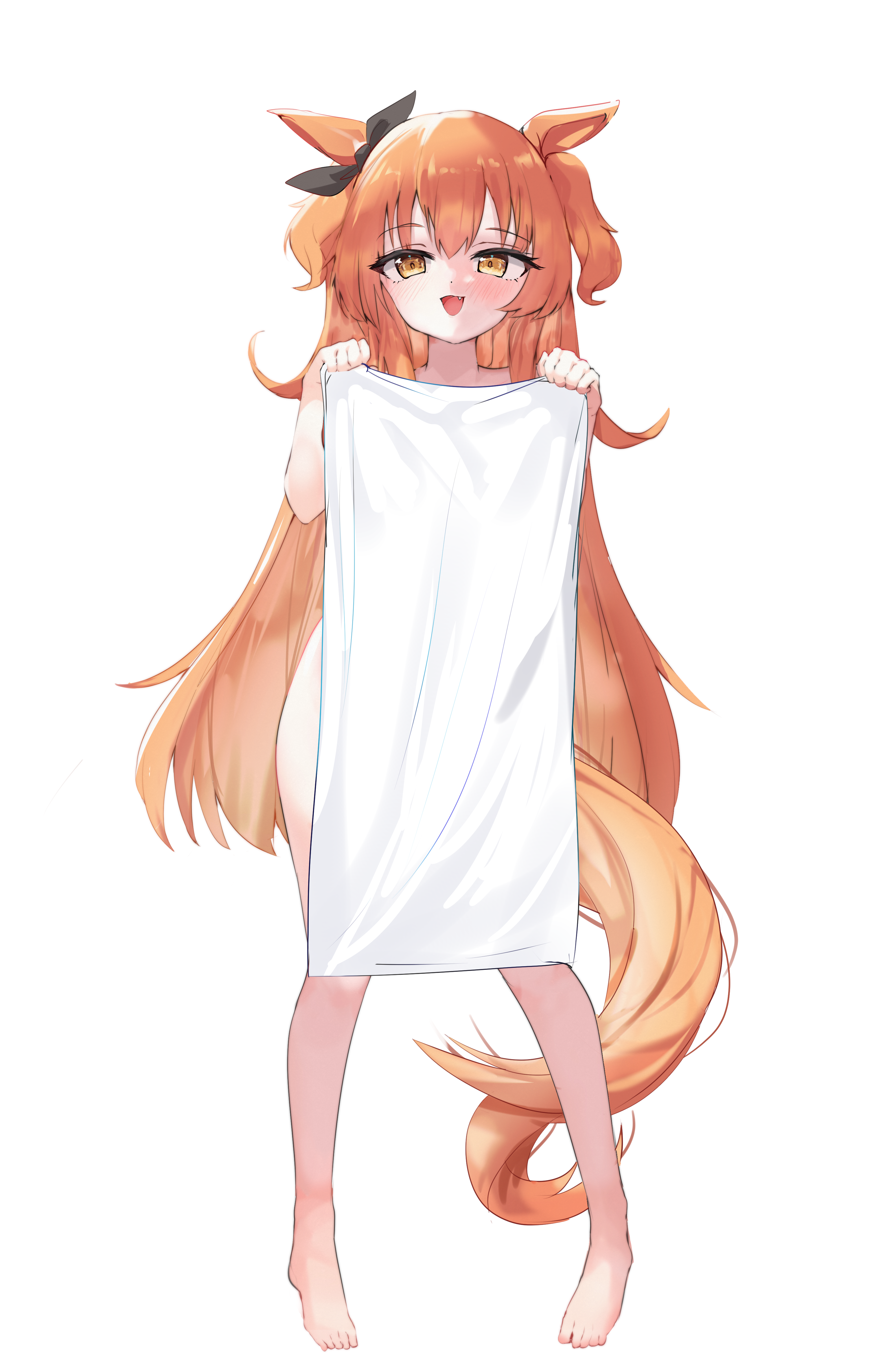 nakoni (solalalala), mayano top gun (umamusume), umamusume, absurdres, commentary, english commentary, highres, mixed-language commentary, 1girl, :d, animal ears, barefoot, blush, bow, ear ribbon, fang, full body, holding, holding towel, horse ears, horse girl, horse tail, long hair, looking at viewer, nude, open mouth, orange eyes, orange hair, orange tail, simple background, smile, solo, tail, towel, two side up, white background