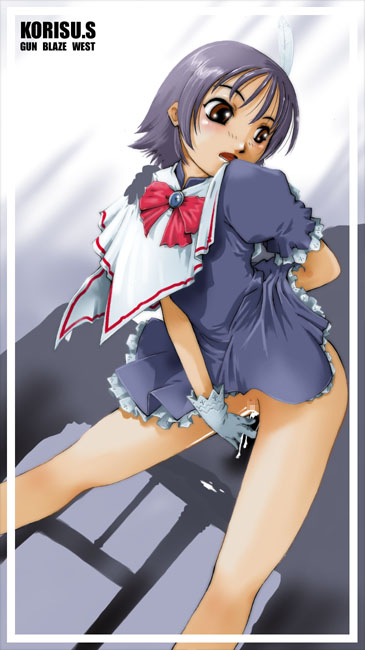 kyoutarou, suzuki kyoutarou, gun blaze west, 1girl, bottomless, bow, bowtie, brown eyes, dress, feathers, female focus, female masturbation, frills, gloves, looking back, masturbation, no panties, purple hair, pussy, pussy juice, short hair, solo