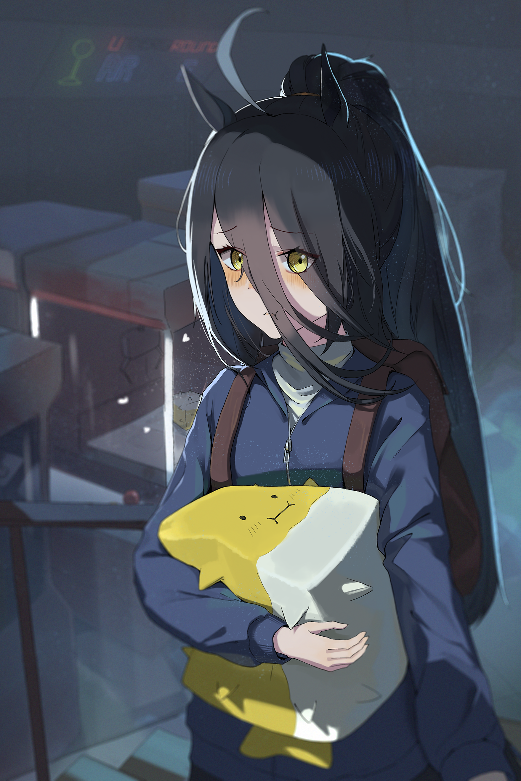 dev grater, manhattan cafe (umamusume), umamusume, absurdres, highres, 1girl, :t, animal ears, backpack, bag, black bag, black hair, blue jacket, blush, crane game, hair between eyes, hand up, high ponytail, horse ears, horse girl, hugging object, jacket, long hair, long hair between eyes, long sleeves, multicolored hair, pillow, pillow hug, ponytail, pout, solo, sweater, turtleneck, turtleneck sweater, very long hair, white hair, white sweater, yellow eyes