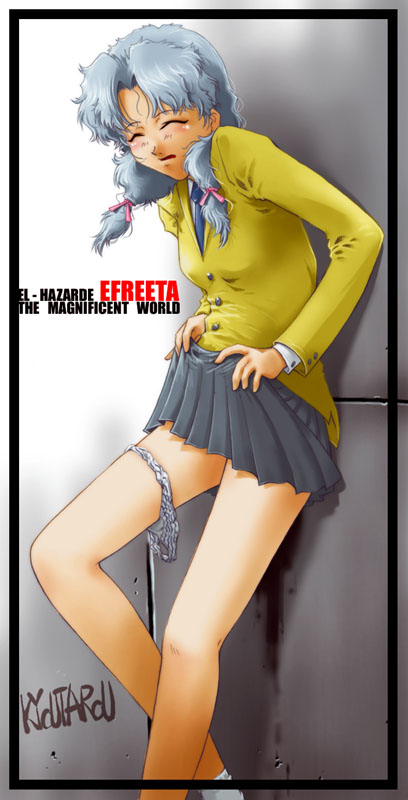 kyoutarou, suzuki kyoutarou, ifurita, el hazard, non-web source, 1990s (style), 1girl, blush, clothes lift, female focus, panties, panty pull, retro artstyle, skirt, skirt lift, solo, underwear