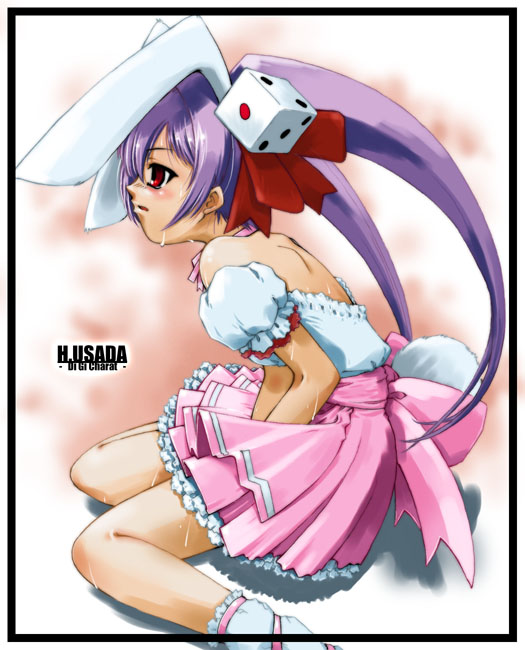 kyoutarou, suzuki kyoutarou, usada hikaru, di gi charat, 1girl, animal ears, back, black border, blush, border, character name, choker, copyright name, dice, dress, female focus, female masturbation, frills, from side, hair ornament, hair ribbon, leaning forward, long hair, masturbation, off shoulder, open mouth, purple hair, rabbit ears, rabbit tail, red eyes, ribbon, socks, solo, squatting, sweat, tail, twintails