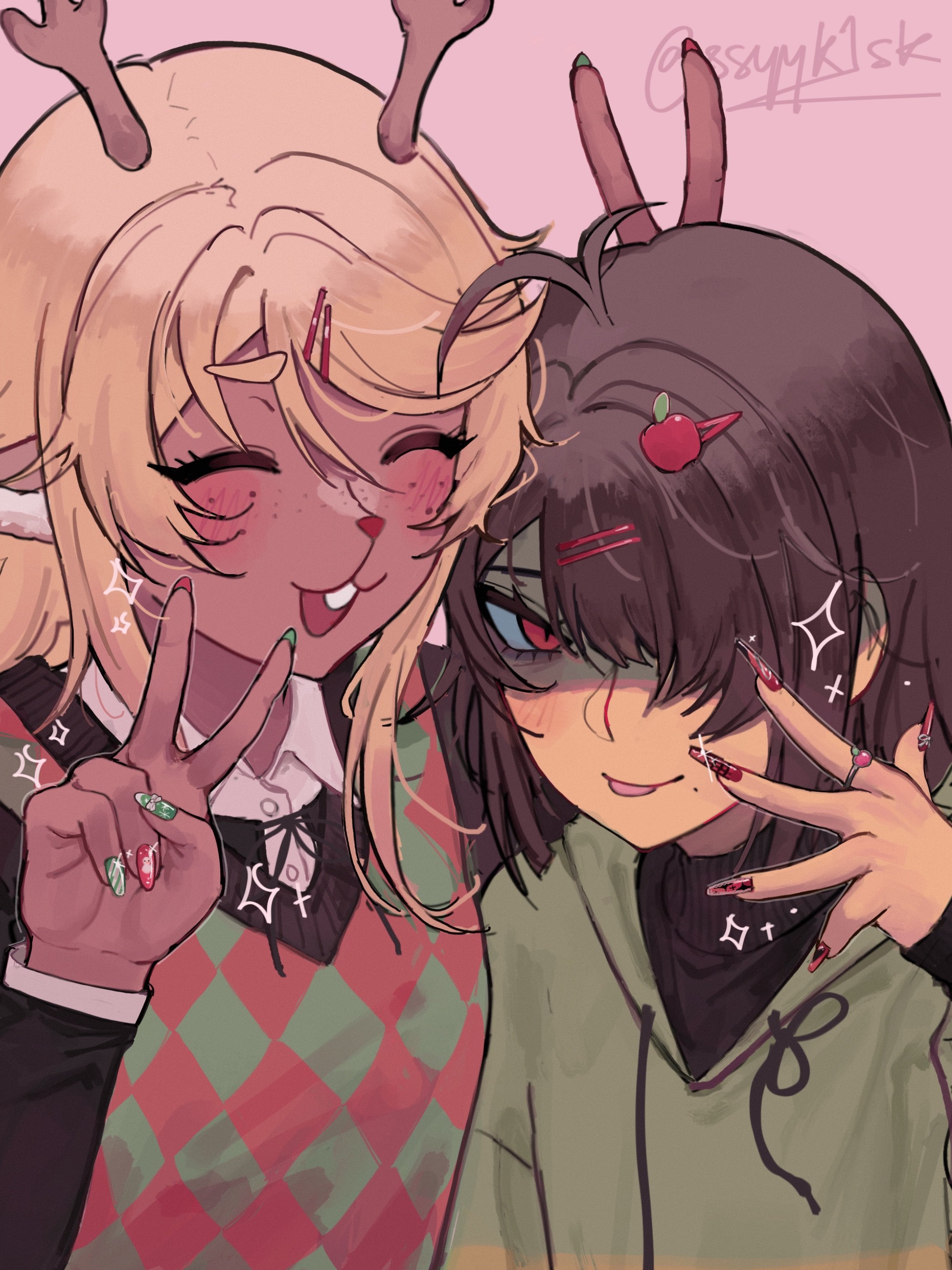 kris (deltarune), noelle holiday, deltarune, utdr (toby fox), absurdres, commentary, english commentary, highres, 1girl, 1other, :3, :d, :p, ^ ^, animal ears, antenna hair, antlers, apple hair ornament, black sweater, blonde hair, blush, breasts, brown hair, buttons, checkered clothes, checkered sweater vest, closed eyes, collared shirt, dark-skinned female, dark skin, deer antlers, deer ears, deer girl, drawstring, fingernails, food-themed hair ornament, freckles, green hoodie, green nails, green sweater vest, hair between eyes, hair ornament, hair over one eye, hairclip, hand up, hands up, hood, hood down, hoodie, horns, jewelry, long fingernails, long hair, long sleeves, looking at viewer, multicolored nails, nail polish, one eye covered, open mouth, pink background, red eyes, red nails, red sweater vest, ring, shaded face, shirt, simple background, sleeves past wrists, small breasts, smile, ssyyk1sk, sweater, sweater vest, swept bangs, tongue, tongue out, turtleneck, turtleneck sweater, twitter username, two-tone sweater vest, upper body, white shirt