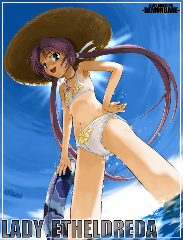 kyoutarou, suzuki kyoutarou, etheldreda, demonbane, 00s, 1girl, :d, bikini, blue eyes, border, cameltoe, character name, copyright name, cross, day, dutch angle, female focus, fisheye, flat chest, floating hair, floral print, frilled bikini, frills, from below, hair ribbon, hand on own hip, hat, innertube, inverted cross, jewelry, latin cross, long hair, looking at viewer, looking down, navel, necklace, ocean, open mouth, outdoors, parted bangs, purple hair, ribbon, signature, sky, smile, solo, spread legs, standing, straw hat, sun, swim ring, swimsuit, twintails, very long hair, wading, water, wet, wet clothes, white bikini