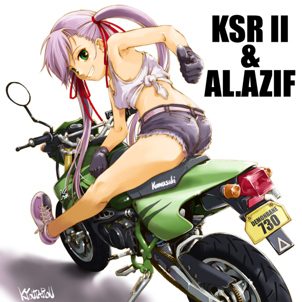 kyoutarou, suzuki kyoutarou, al azif (demonbane), demonbane, vehicle, 00s, 1girl, cutoffs, denim, denim shorts, female focus, green eyes, motor vehicle, motorcycle, purple hair, shorts, solo, twintails