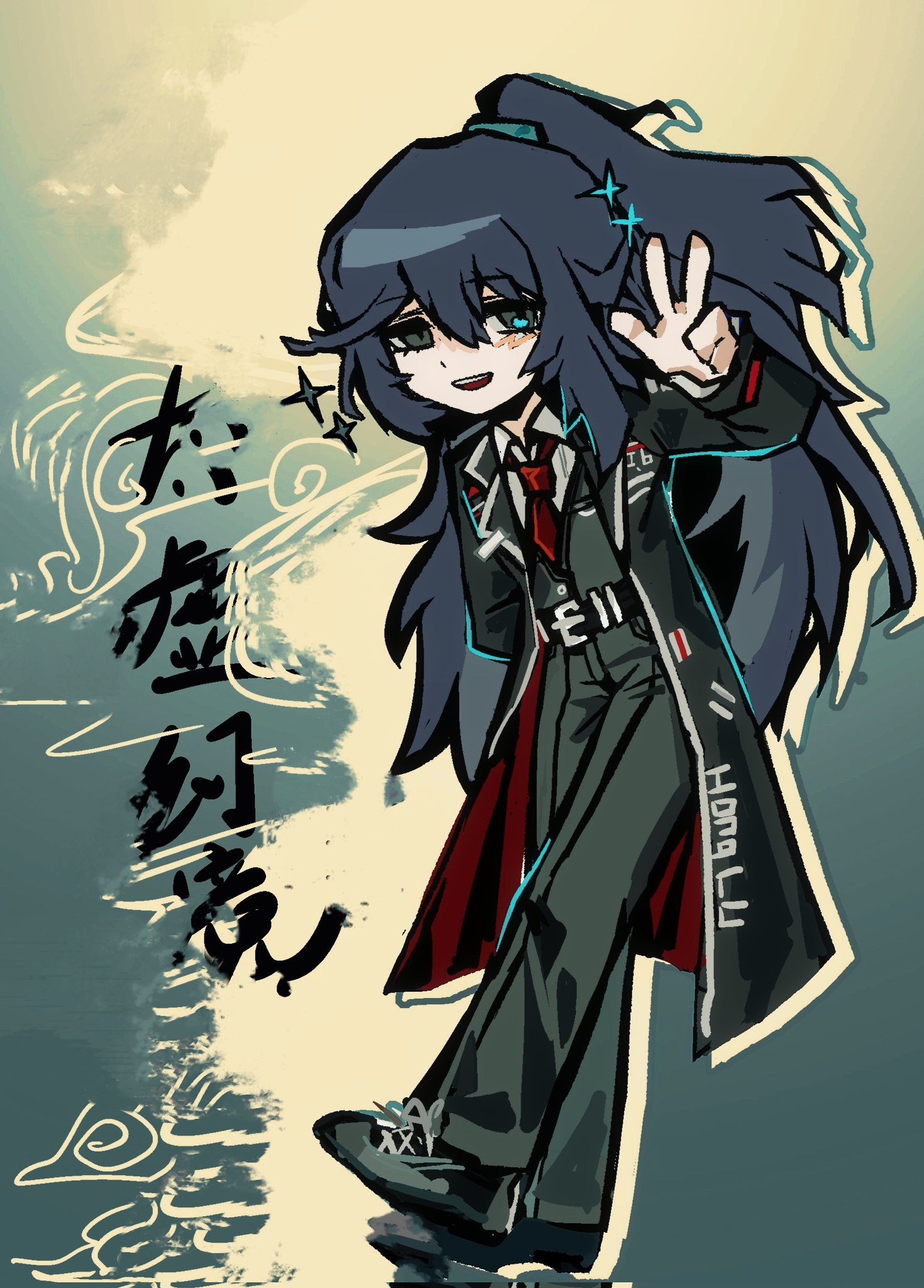ehooooooost, hong lu (project moon), limbus company, project moon, highres, 1boy, black coat, black eyes, black hair, black pants, black shoes, blue background, blue eyes, coat, collared shirt, deformed, full body, heterochromia, high ponytail, long hair, long sleeves, looking at viewer, male focus, necktie, pants, ponytail, red necktie, shirt, shoes, simple background, solo, sparkle, standing, v, white shirt