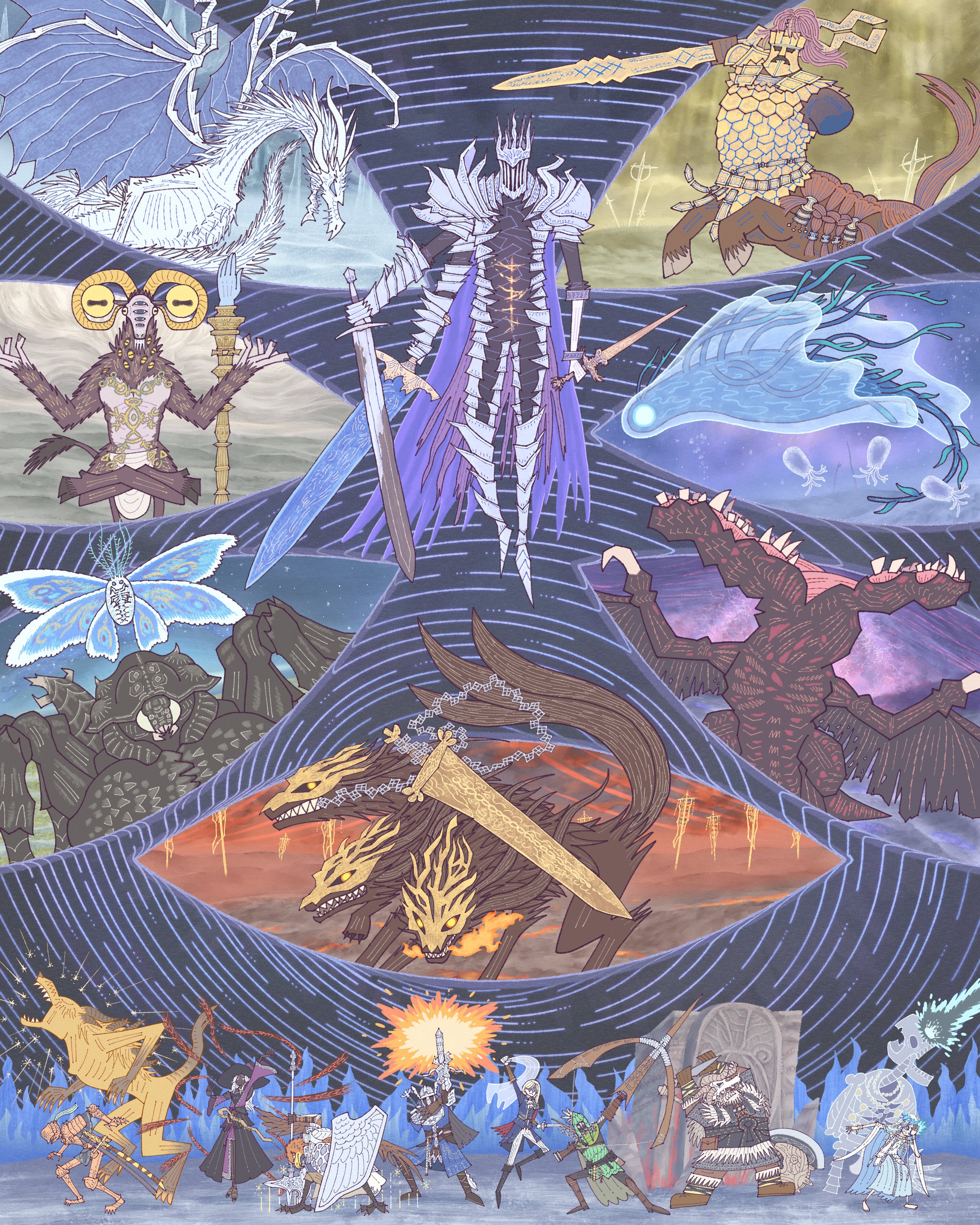 bibuo, adel (elden ring), caligo miasma of night, cerberus, duchess (elden ring), executor (elden ring), faurtis (elden ring), fulghor (elden ring), gladius (elden ring), gnoster (elden ring), guardian (elden ring), ironeye (elden ring), libra (elden ring), maris (elden ring), raider (elden ring), recluse (elden ring), revenant (elden ring), wylder (elden ring), elden ring, elden ring nightreign, absurdres, highres, 3girls, 6+boys, animal head, arm mounted weapon, armor, arms up, axe, beard, bird boy, black boots, black capelet, black dress, black hat, black skin, blonde hair, blue jacket, blue surcoat, boots, bow (weapon), breastplate, bug, cape, capelet, centaur, colored skin, covered eyes, covered face, dark-skinned female, dark skin, dog, dragon, dress, dual wielding, everyone, extra arms, extra eyes, extra tails, eye mask, facial hair, feathered wings, full armor, full body, gauntlets, goat horns, goat legs, gold armor, greatsword, greaves, hands up, hat, helmet, heolstor the nightlord, holding, holding axe, holding bow (weapon), holding polearm, holding shield, holding sword, holding weapon, hooves, horizontal pupils, horns, huge weapon, insect, jacket, jellyfish, katana, meditation, monster, moth, mouth hold, multiple boys, multiple girls, pants, pauldrons, plume, polearm, purple cape, robe, scabbard, scale armor, sheath, sheathed, shield, shoulder armor, skeleton, spear, spiked helmet, staff, standing, sword, talons, taur, tentacles, translucent, triple wielding, very big eyes, weapon, western dragon, white dragon, white pants, white robe, wide sleeves, winged helmet, wings, witch, witch hat