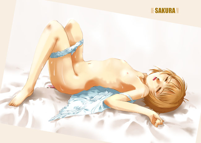 kyoutarou, suzuki kyoutarou, kinomoto sakura, cardcaptor sakura, 1990s (style), 1girl, aftersex, barefoot, dildo, feet, female focus, flat chest, full body, loli, lying, nipples, nude, panties, panty pull, retro artstyle, sex toy, solo, sweat, underwear, white panties