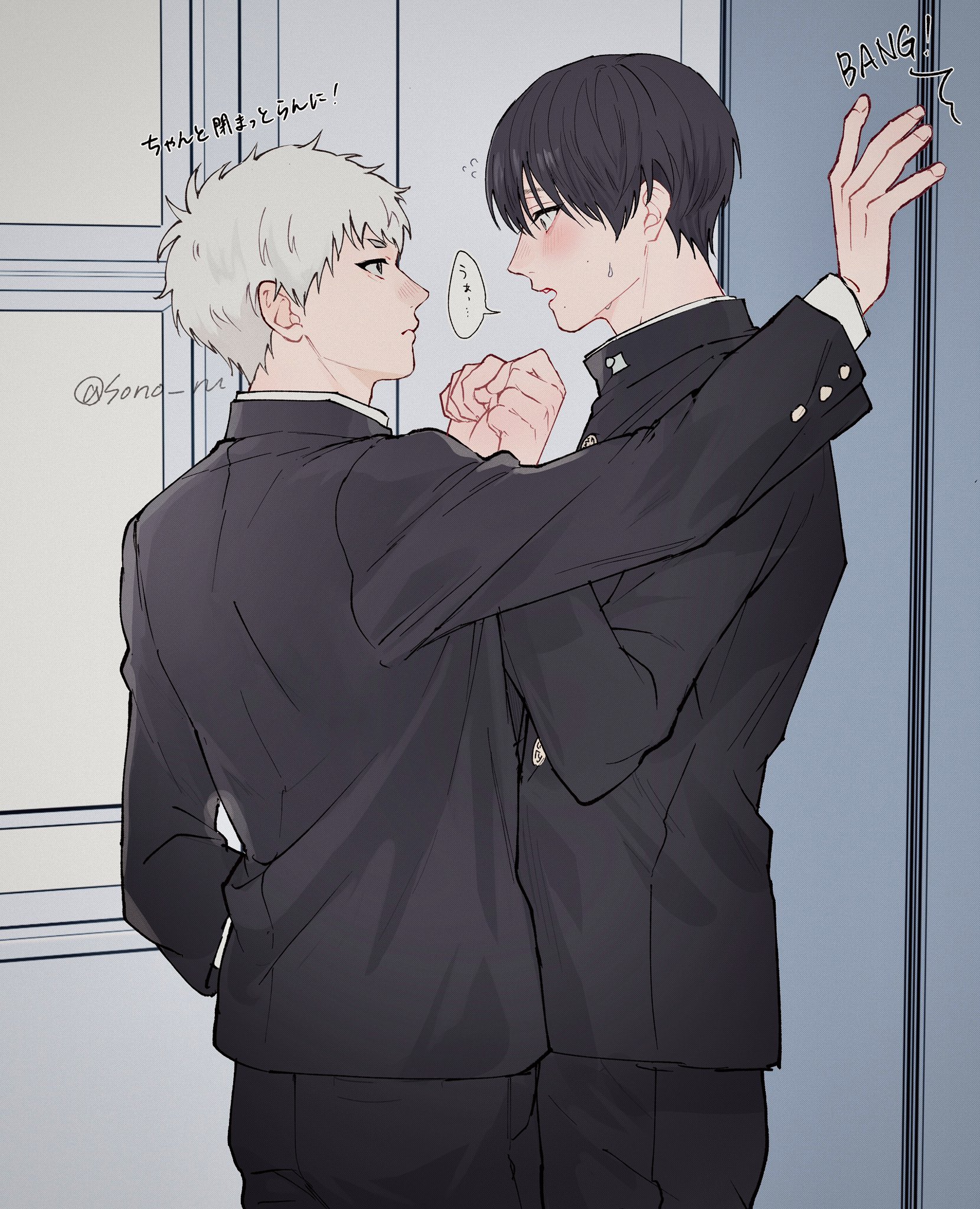 sono nu, indou hikaru, tsujinaka yoshiki, hikaru ga shinda natsu, commentary request, highres, translation request, 2boys, alternate costume, black hair, blush, buttons, cowboy shot, from side, gakuran, high collar, long sleeves, looking at another, male focus, mole, mole on cheek, mole under mouth, multiple boys, multiple moles, open mouth, school uniform, short hair, speech bubble, twitter username, white hair, yaoi