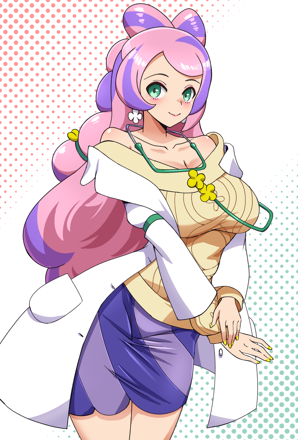 zuchysdraws, miriam (pokemon), nintendo, pokemon, pokemon sv, highres, 1girl, bare shoulders, bow-shaped hair, breasts, cleavage, collarbone, earrings, eyeliner, flower earrings, green eyes, jewelry, lab coat, large breasts, long hair, long sleeves, makeup, multicolored hair, off-shoulder sweater, off shoulder, own hands together, pencil skirt, pink eyeliner, pink hair, purple hair, purple skirt, skirt, smile, solo, stethoscope, streaked hair, striped clothes, striped skirt, sweater, swept bangs, yellow nails, yellow sweater
