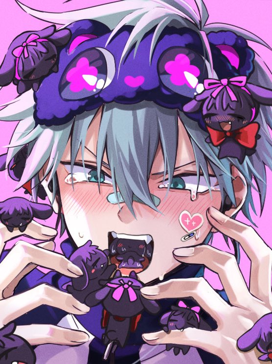ivan (alien stage), till (alien stage), alien stage, commentary request, 1boy, animal in mouth, animalization, bandaid, bandaid on face, bandaid on nose, black mask, blush, green eyes, grey hair, mask, mask on head, monochromupopu3, open mouth, pink background, rabbit, sleep mask, solo, sticker, sticker on face, v-shaped eyebrows