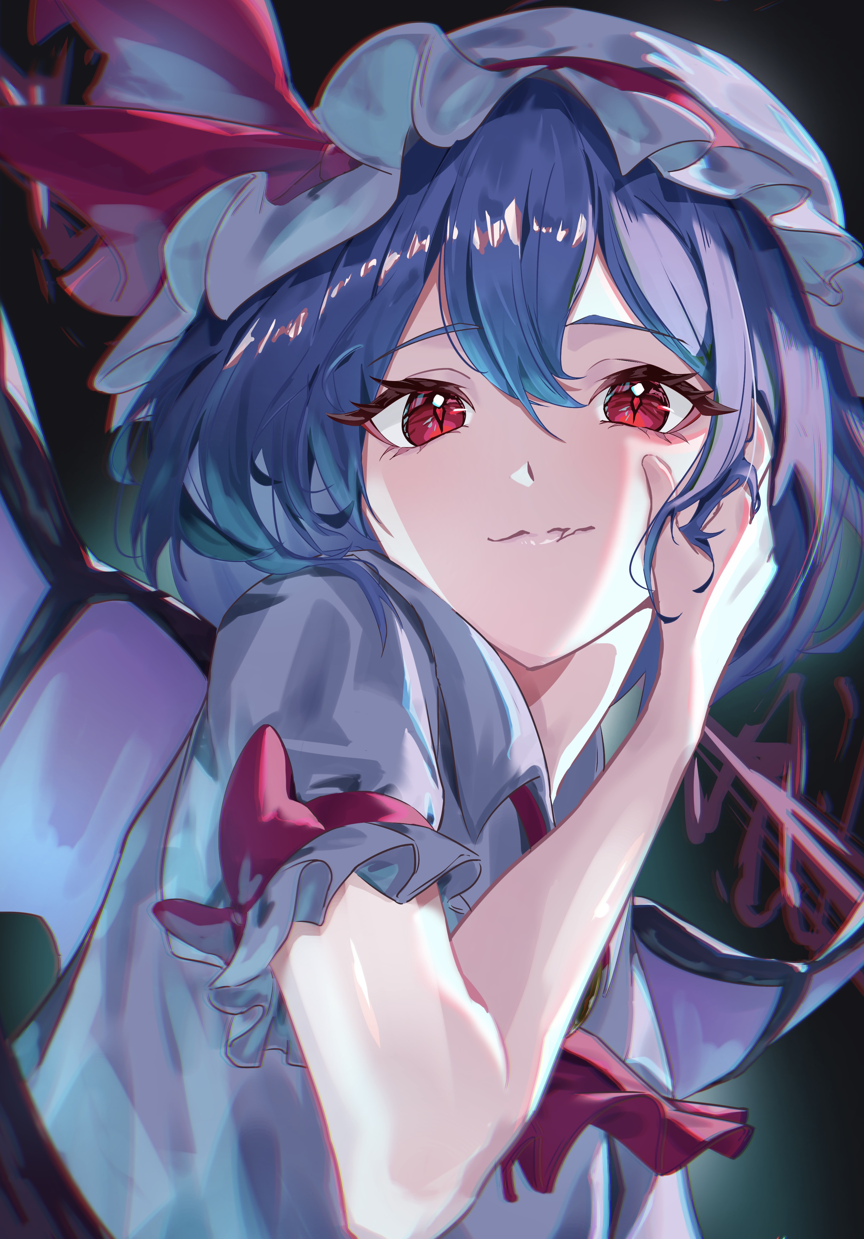 remilia scarlet, touhou, absurdres, highres, 1girl, ascot, bat wings, black background, bow, dress, fang, frilled hat, frilled sleeves, frills, hair between eyes, hand on own face, hand up, hat, hat ribbon, kawaso1002, looking at viewer, medium hair, mob cap, pink dress, pink hat, purple hair, red ascot, red bow, red eyes, red ribbon, ribbon, short sleeves, skin fang, slit pupils, solo, wings