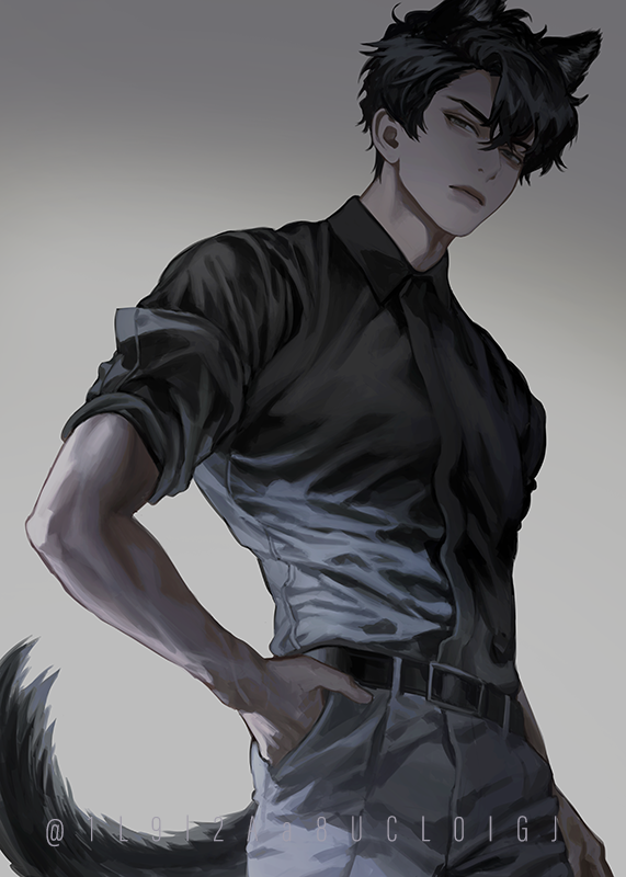 blackbox (blackbox9158), yoo joonghyuk, omniscient reader's viewpoint, 1boy, animal ears, black eyes, black hair, black shirt, cowboy shot, curtained hair, hand in pocket, head tilt, kemonomimi mode, looking at viewer, male focus, serious, shirt, short hair, sleeves rolled up, solo, tail, toned, toned male, wolf ears, wolf tail
