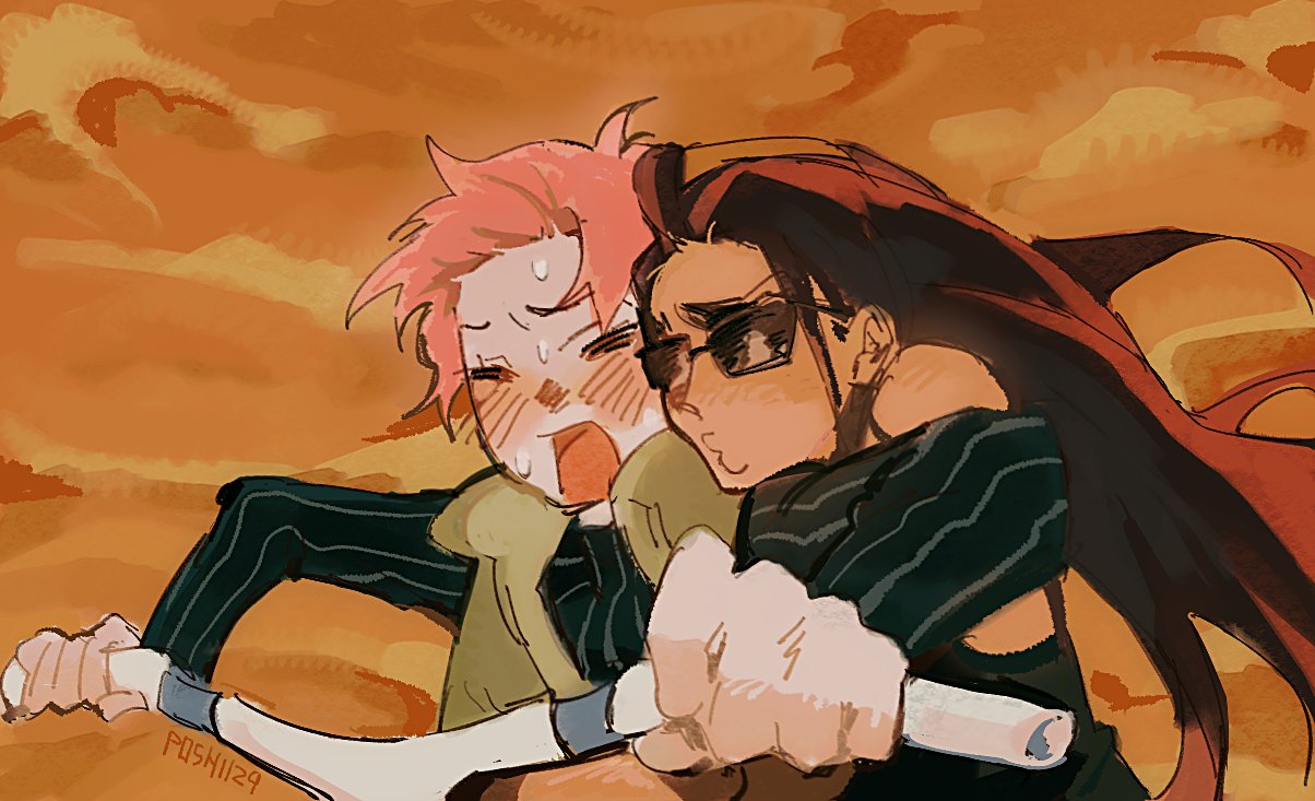 alien stage, commentary, derivative work, screenshot redraw, 2girls, black shirt, blush, brown hair, closed eyes, dark-skinned female, dark skin, green vest, handlebar, long hair, long sleeves, multiple girls, open mouth, orange sky, pink hair, poshii29, puckered lips, shirt, short hair, sky, sunglasses, vest