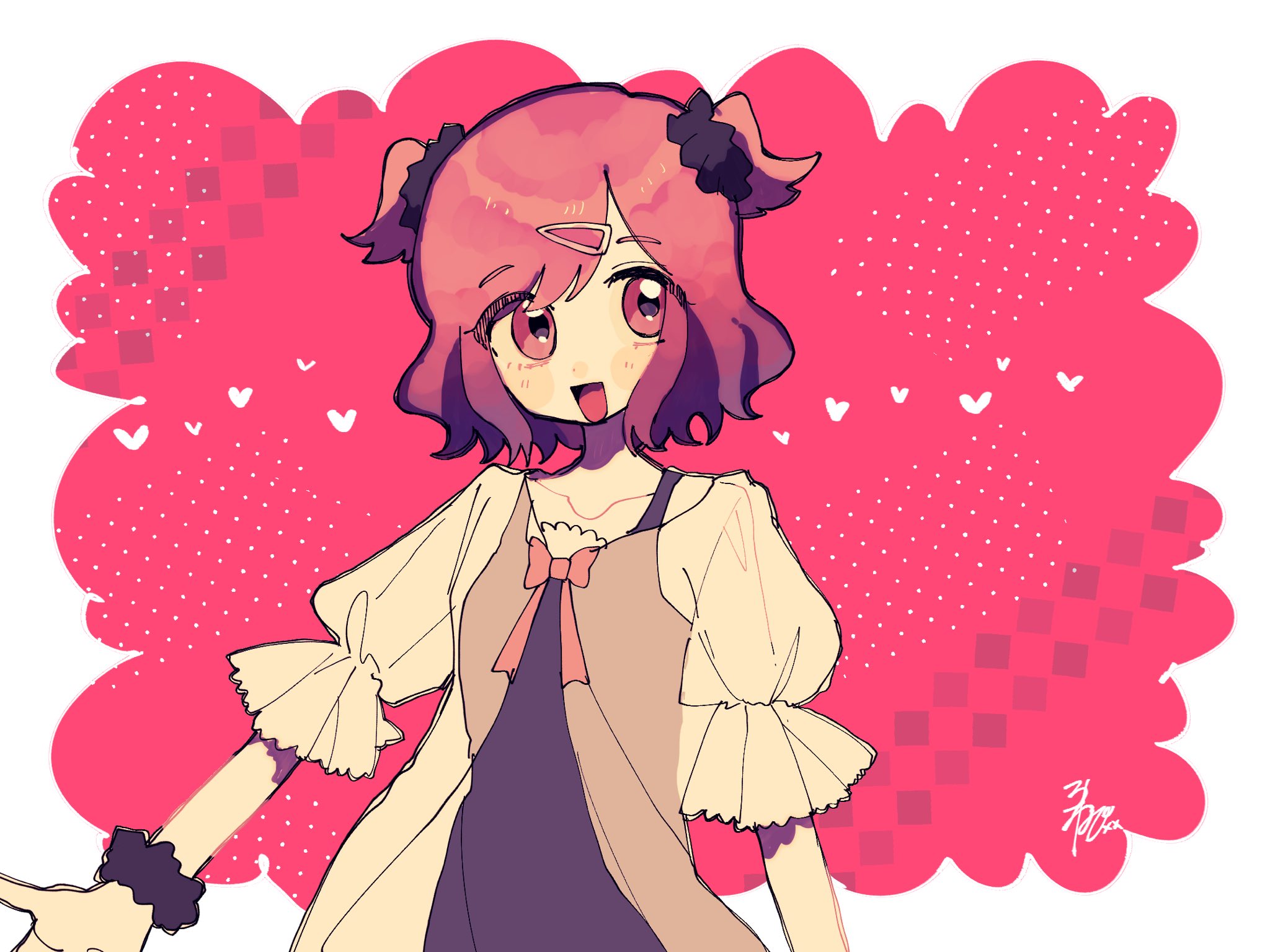 lonepi, original, commentary, english commentary, highres, 1girl, :d, arm at side, black camisole, black scrunchie, blush, border, bow, breasts, camisole, collarbone, frilled sleeves, frills, hair between eyes, hair ornament, hair scrunchie, hairclip, halftone, halftone background, heart, jacket, looking at viewer, open mouth, outside border, outstretched arm, pink background, pink bow, puffy short sleeves, puffy sleeves, scrunchie, see-through clothes, see-through jacket, short hair, short sleeves, sideways glance, simple background, small breasts, smile, solo, swept bangs, tongue, two side up, upper body, white border, white jacket, wrist scrunchie