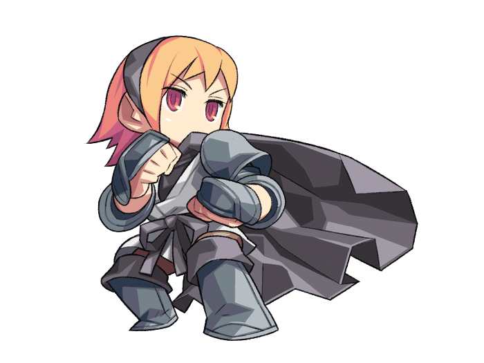 itsumo nokoru, black belt (final fantasy), refia, final fantasy, final fantasy iii, square enix, archived source, 1girl, anime coloring, arm guards, armor, black cape, black hairband, boots, brown leggings, cape, clenched hand, couter, covered mouth, deformed, dougi, fighting stance, full body, gauntlets, hairband, karate gi, knee boots, leggings, legs apart, martial arts, no nose, orange hair, pauldrons, red eyes, shoulder armor, simple background, solo, standing, white background, white dougi