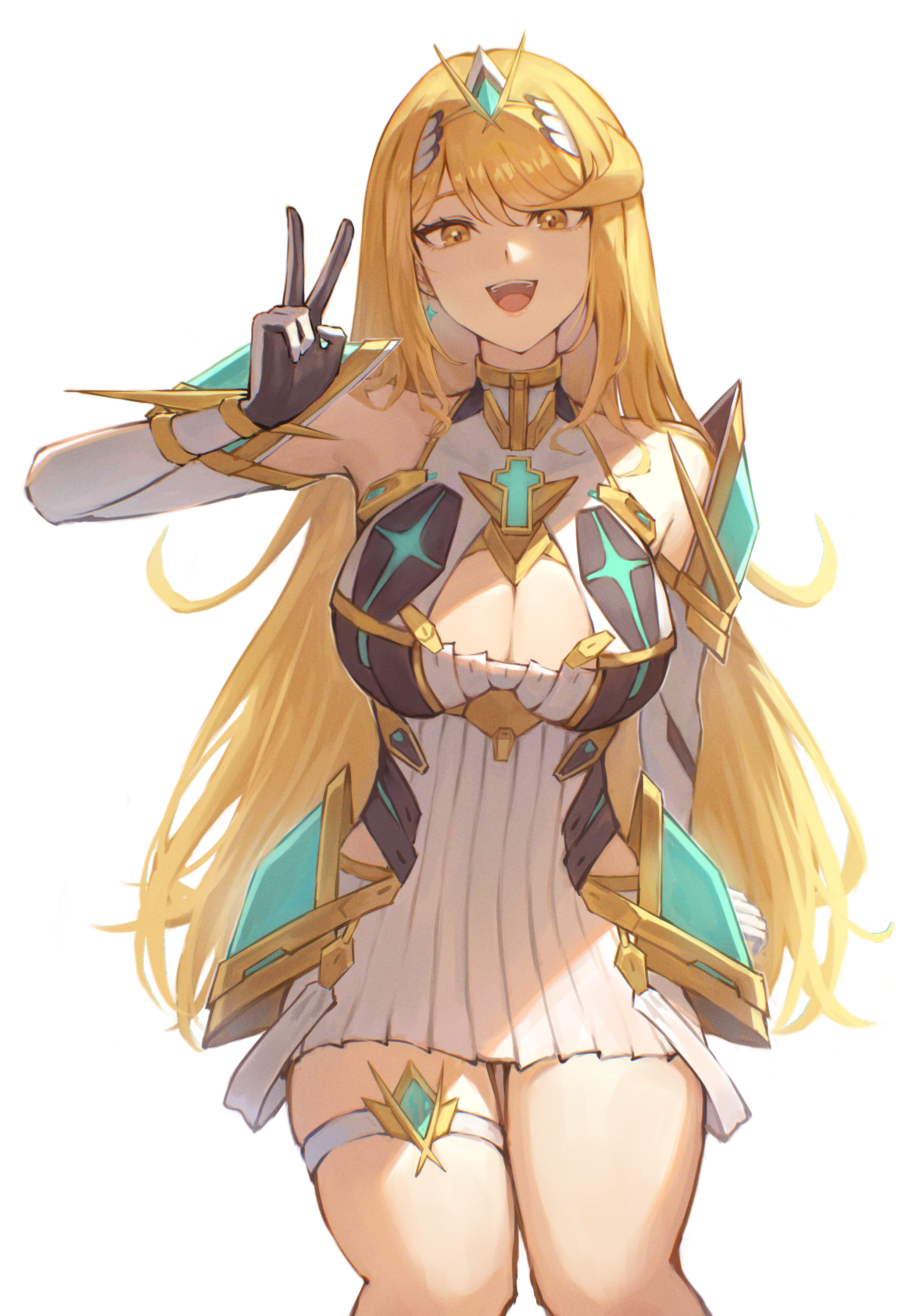 mythra (xenoblade), xenoblade chronicles (series), xenoblade chronicles 2, absurdres, highres, 1girl, bare shoulders, blonde hair, breasts, chest jewel, cleavage, core crystal (xenoblade), dress, earrings, elbow gloves, floating earrings, gem, gloves, headpiece, jewelry, large breasts, linkr, long hair, looking at viewer, microdress, open mouth, simple background, smile, solo, swept bangs, teeth, thigh strap, tiara, upper teeth only, v, very long hair, white background, yellow eyes