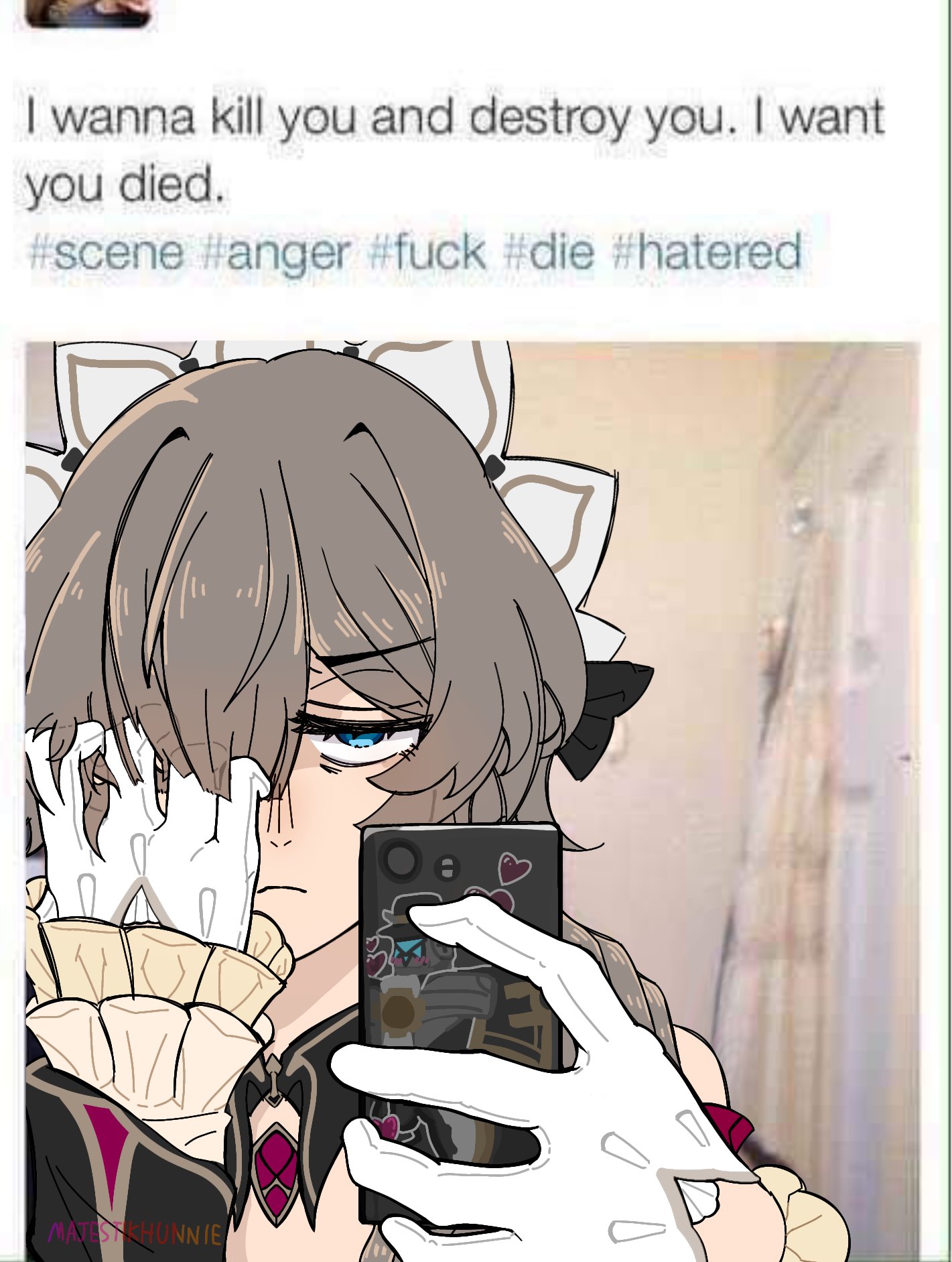 sandrone (genshin impact), genshin impact, commentary, english commentary, highres, 1girl, blue eyes, english text, gloves, grey hair, headdress, long sleeves, majestikhunnie, meme, mirror selfie, one eye covered, selfie, twitter username, upper body, white gloves, white headdress
