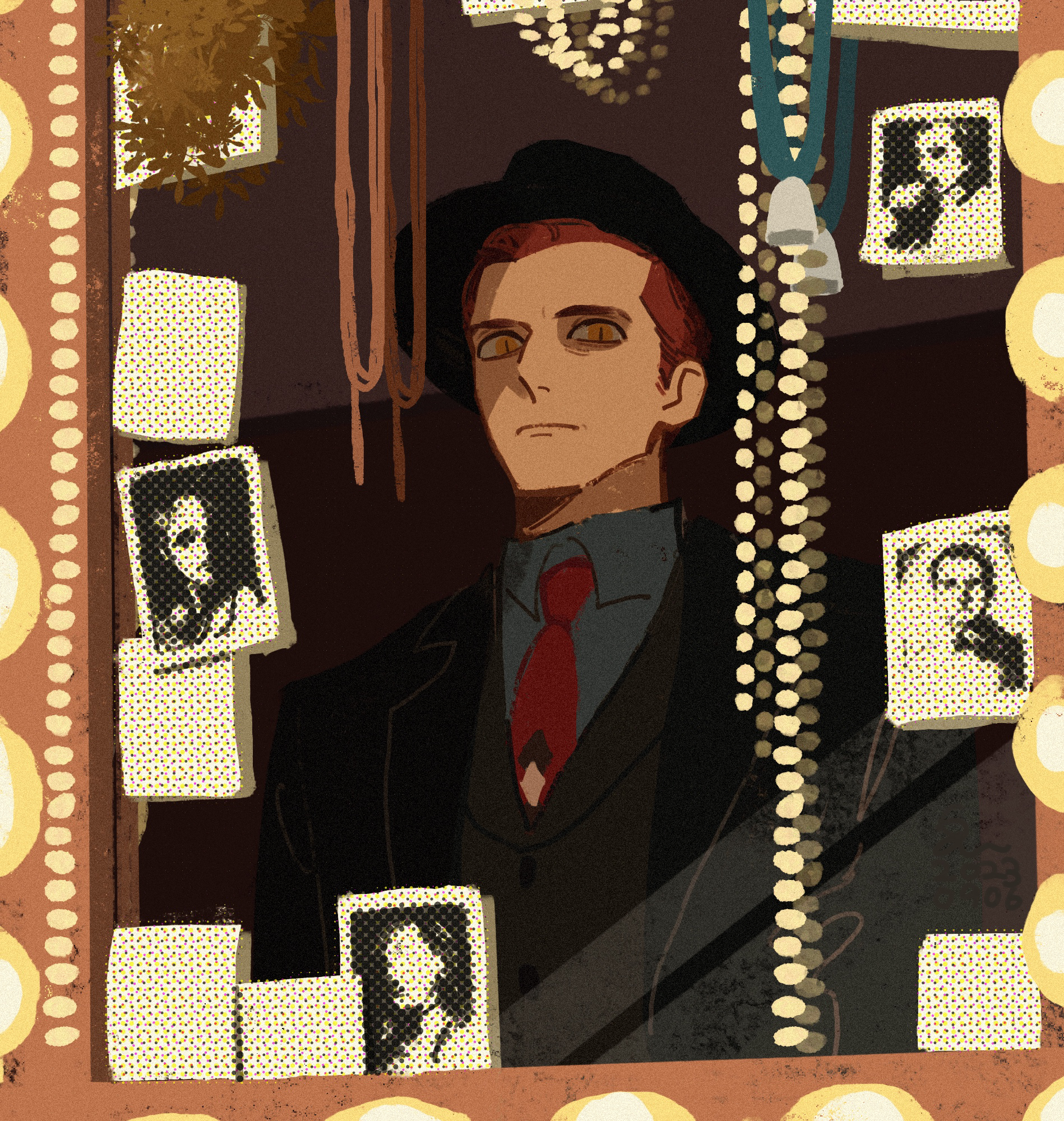 erm nkcn, crowley (good omens), good omens, highres, 1boy, black hat, black jacket, closed mouth, expressionless, fedora, formal clothes, grey vest, hat, jacket, male focus, mirror, necktie, photo (object), red necktie, reflection, short hair, slit pupils, solo, suit, upper body, vest