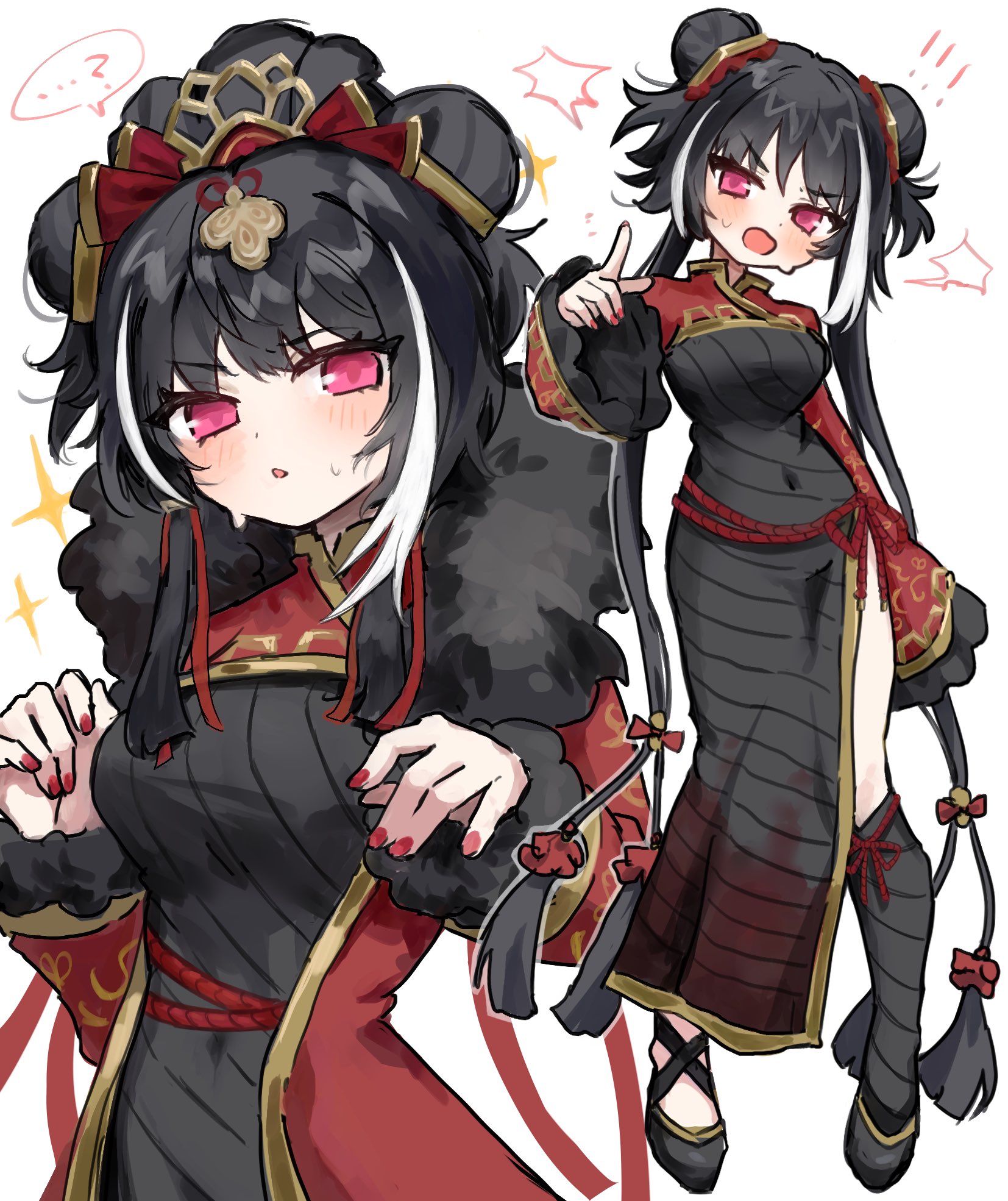 ro/ku, jia xichun (project moon), limbus company, project moon, highres, …?, 1girl, :o, black dress, black hair, breasts, chinese clothes, coat, coat on shoulders, double bun, dress, full body, hair bun, long hair, long sleeves, looking at viewer, multicolored hair, multiple views, open mouth, pink eyes, red coat, red nails, red shrug, rope belt, simple background, solo, standing, streaked hair, twintails, upper body, white background, white streaks