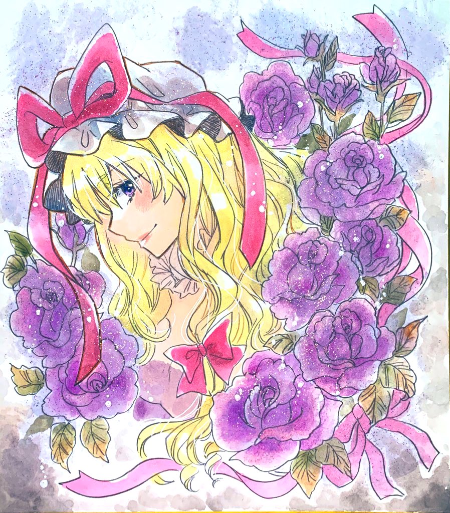 akaioringo2023, yakumo yukari, touhou, 1girl, blonde hair, flower, from side, hat, hat ribbon, long hair, mob cap, purple eyes, purple flower, purple rose, red ribbon, ribbon, rose, solo