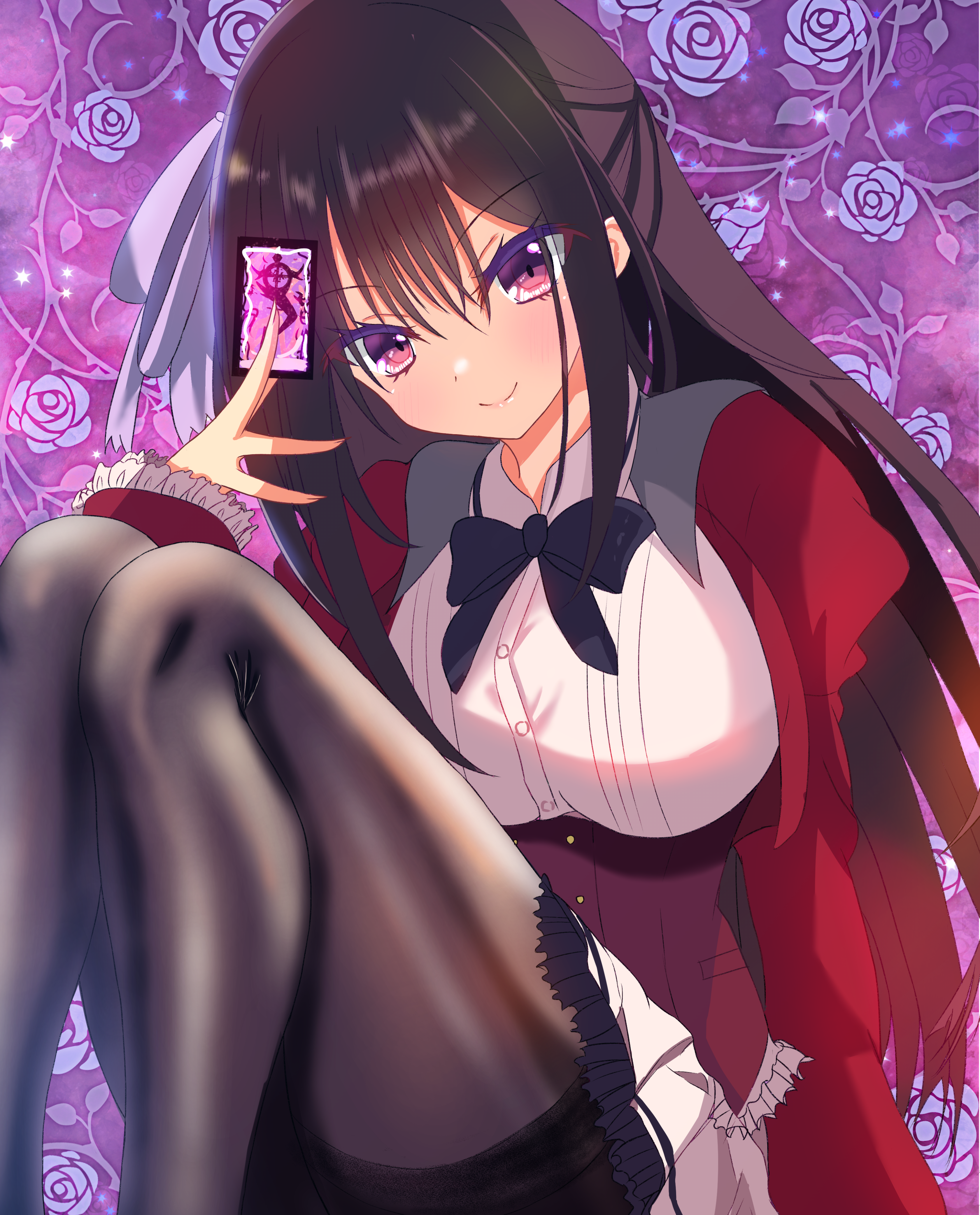 sakuratoru, rindou yaya, haruoto alice gram, absurdres, commentary request, highres, >:), 1girl, 2024, black bow, black bowtie, black hair, black pantyhose, blush, bow, bowtie, breasts, card, closed mouth, corset, dated commentary, eyelashes, eyes visible through hair, feet out of frame, floral background, flower, frilled corset, frilled skirt, frilled sleeves, frills, hair between eyes, hair ribbon, half updo, hand up, holding, holding card, jacket, juliet sleeves, knees up, large breasts, lips, long hair, long sleeves, looking at viewer, miniskirt, open clothes, open jacket, pantyhose, pleated skirt, puffy sleeves, purple background, red corset, red eyes, red jacket, ribbon, rose, shirt, sidelocks, simple background, sitting, skirt, smile, solo, split mouth, straight hair, tarot, tarot card, thighband pantyhose, thighs, v-shaped eyebrows, very long hair, white ribbon, white shirt, white skirt