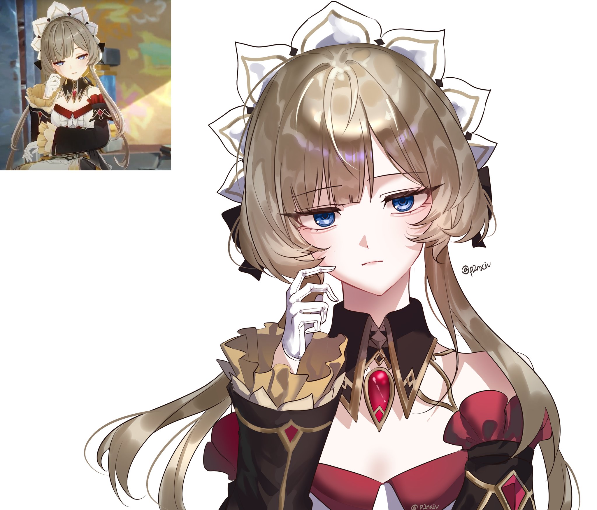 sandrone (genshin impact), genshin impact, highres, 1girl, blue eyes, brown hair, dress, game screenshot inset, gem, headdress, inset, p2nxiv, red dress, red gemstone, red sleeves, simple background, solo, upper body, white background, white headdress