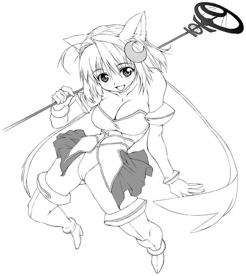yamaguchi homupe, arcueid brunestud, phantas-moon, tsukihime, 00s, 1girl, animal ears, bare shoulders, boots, breasts, cat ears, cleavage, crescent, crescent hair ornament, dress, female focus, greyscale, hair ornament, hecate's staff (fate), large breasts, magical girl, monochrome, short hair, solo, strapless, strapless dress, thigh boots, thighhighs, wand