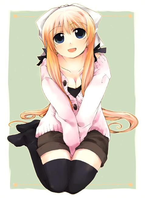 misaki kozue, kamio misuzu, air (visual novel), 00s, 1girl, :d, between legs, black thighhighs, blonde hair, blue eyes, bow, breasts, cleavage, female focus, hair bow, hair ribbon, hand between legs, long hair, long sleeves, looking up, no shoes, open mouth, ribbon, shorts, sitting, smile, solo, sweater, thighhighs, very long hair, yokozuwari, zettai ryouiki