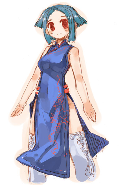 momiji mao, animal ears, blue hair, cat ears, china dress, chinese clothes, dress, red eyes, short hair, solo, thighhighs