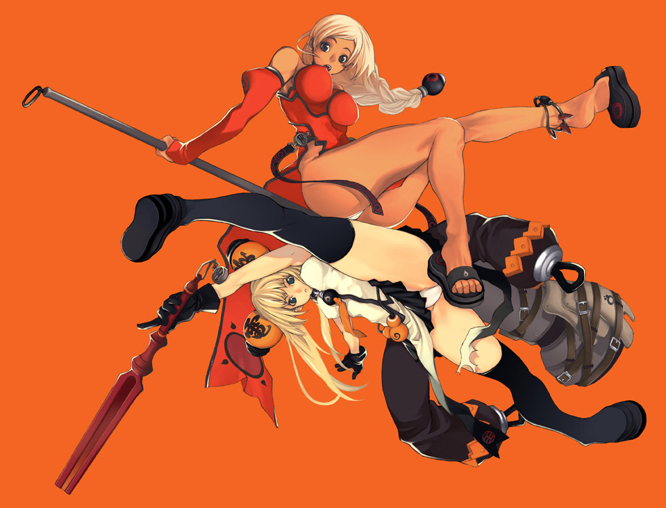 imigimuru, original, 2girls, anklet, black eyes, black thighhighs, blonde hair, blue eyes, braid, breasts, china dress, chinese clothes, dark-skinned female, dark skin, detached sleeves, dress, feet, gloves, jewelry, large breasts, legs, long hair, multiple girls, open mouth, orange background, panties, sandals, spread legs, strap, thighhighs, underwear, weapon, white hair, white panties