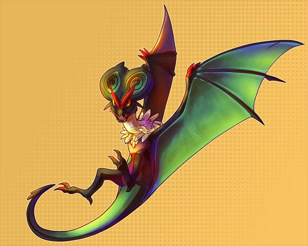 malky (malkshake), noivern, nintendo, pokemon, commentary, english commentary, claws, full body, gen 6 pokemon, looking at viewer, no humans, open mouth, pokemon (creature), simple background, solo, yellow background, yellow eyes