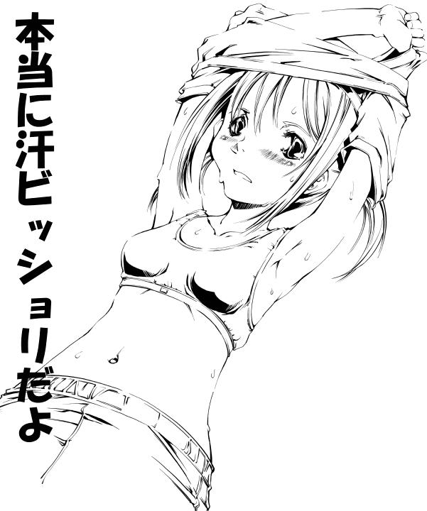 kyoutarou, suzuki kyoutarou, nishizawa ayumu, hayate no gotoku!, 00s, 1girl, armpits, bra, female focus, greyscale, lingerie, midriff, monochrome, navel, solo, sports bra, sweat, underwear, undressing