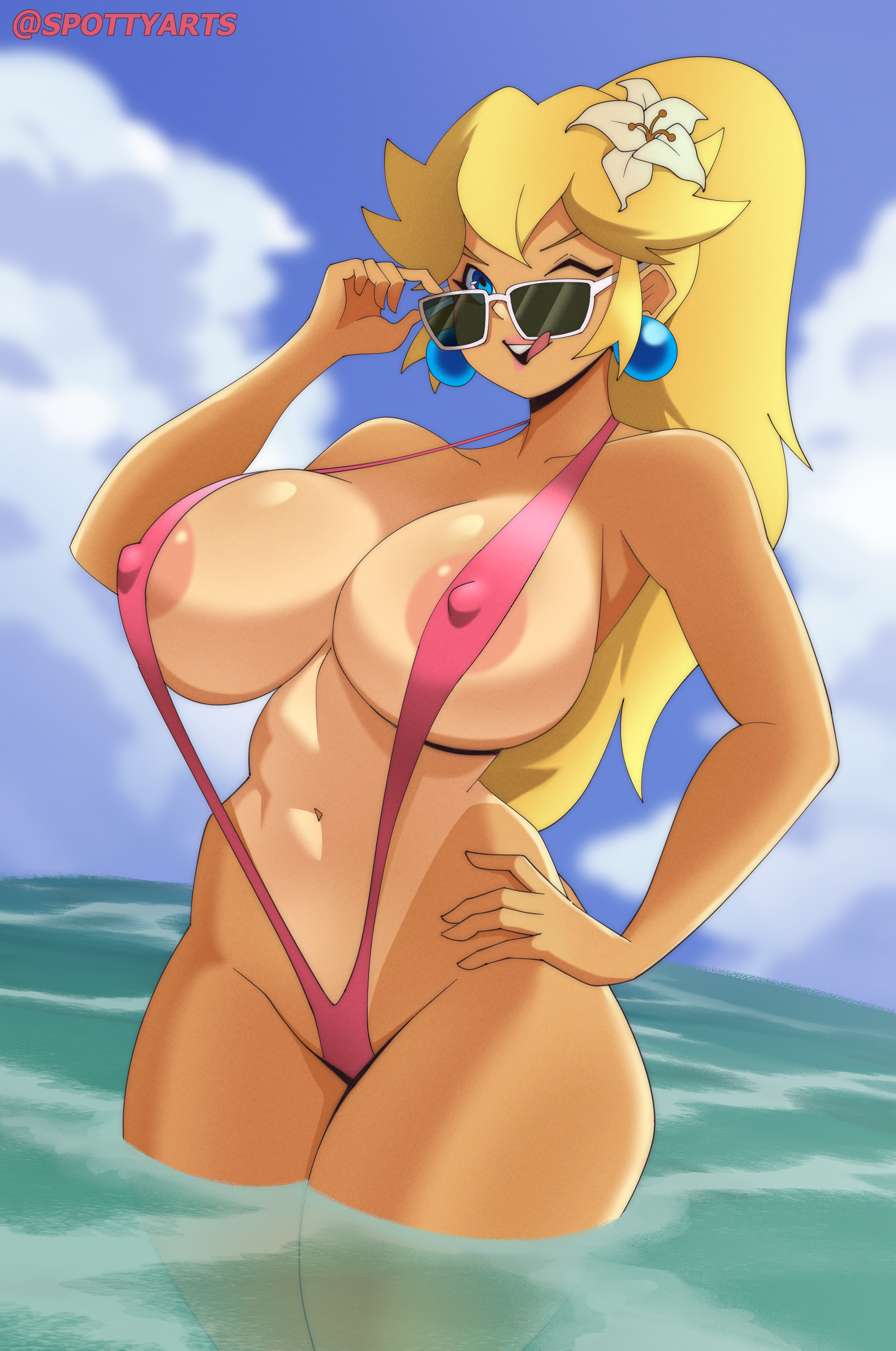 spottyarts, princess peach, mario (series), nintendo, highres, 1girl, alternate hairstyle, areola slip, arm up, beach, bikini, blonde hair, blue eyes, breasts, cleavage, covered erect nipples, curvy, hand on own hip, large breasts, legs, licking lips, long hair, navel, ocean, one eye closed, pink bikini, pink lips, ponytail, princess, sideboob, slingshot swimsuit, smile, solo, sunglasses, swimsuit, tan, tanline, thighs, tongue, tongue out, water, wide hips, wink