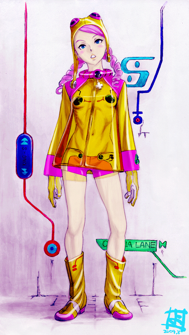 yoshida ken'ichi, cynthia lane, overman king gainer, 00s, boots, drill hair, flat chest, latex, pink hair, see-through clothes, solo, transparent