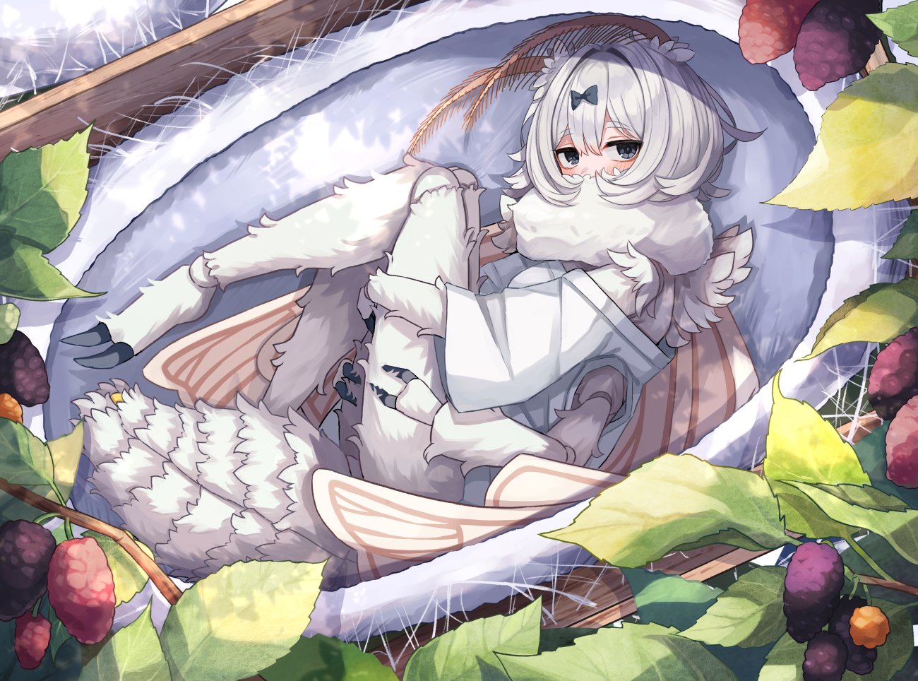 plan (planhaplalan), original, 1girl, abdomen tail, antennae, arthropod girl, arthropod limbs, black bow, black eyes, blush, bow, cocoon, compound eyes, extra arms, fewer digits, grey hair, hair bow, insect girl, insect wings, kaiko-chan (planhaplalan), looking at viewer, monster girl, moth antennae, moth girl, moth wings, neck fur, shirt, short hair, silk, solo, white shirt, wings