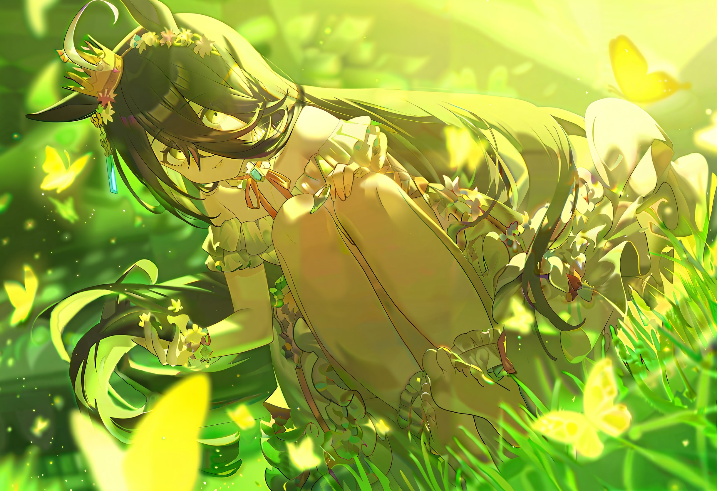 manhattan cafe (umamusume), umamusume, highres, 1girl, ahoge, animal ears, barefoot, bug, butterfly, crown, dress, ear ornament, ear tag, earrings, grass, grin, hair between eyes, hand on own knee, horse ears, horse girl, insect, jewelry, kokuyoujin, layered dress, long hair, long hair between eyes, looking at viewer, mini crown, multicolored hair, neck ribbon, off-shoulder dress, off shoulder, parted lips, ribbon, single earring, smile, solo, squatting, very long hair, white dress, white hair, yellow butterfly, yellow eyes, yellow ribbon