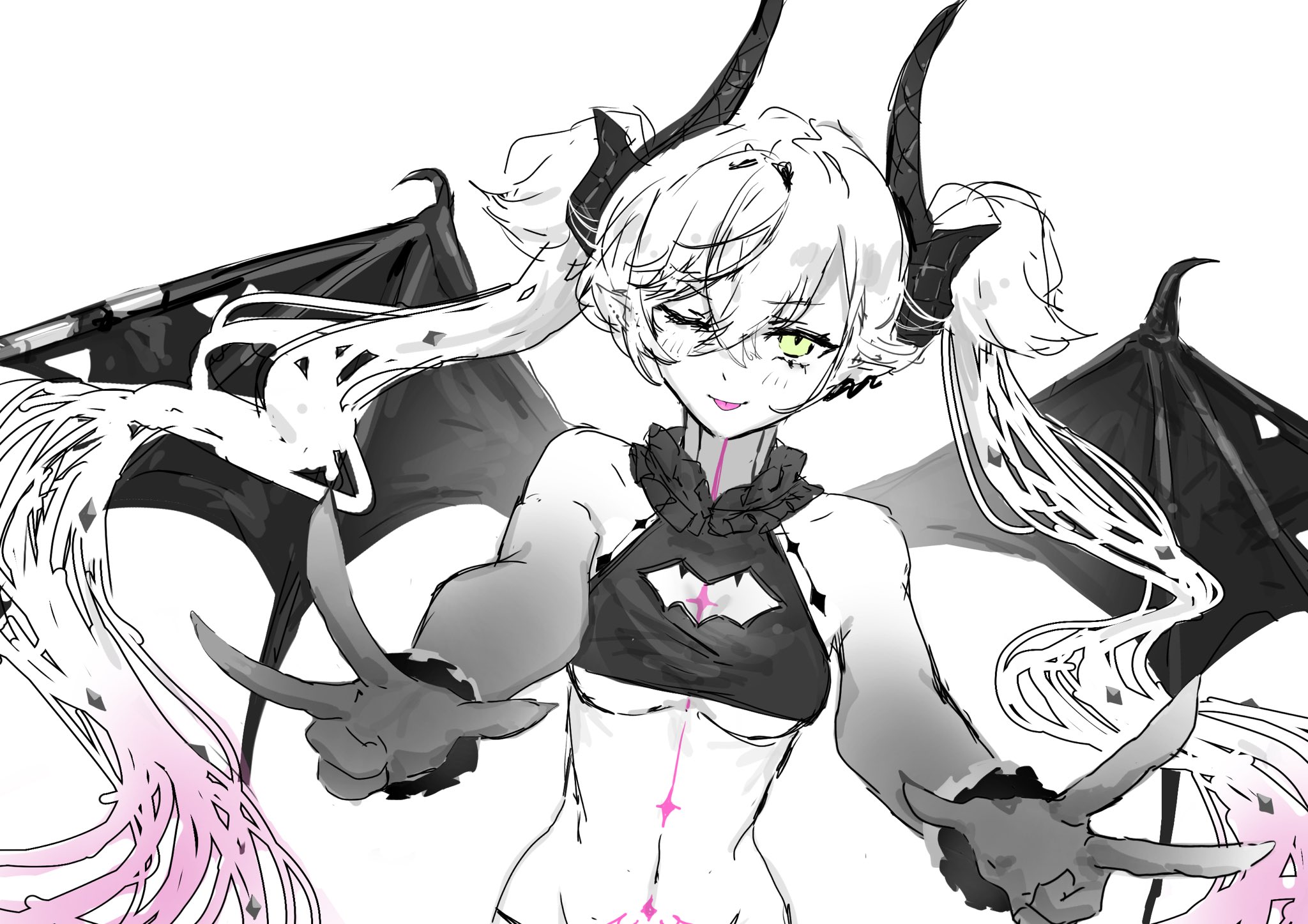 onda (wave sometime), lilith (fate), lilith (stormy night) (fate), fate/grand order, fate (series), highres, bat wings, breasts, chest tattoo, double v, green eyes, looking at viewer, medium breasts, one eye closed, smile, solo, swimsuit, tattoo, tongue, tongue out, twintails, v, white hair, wings
