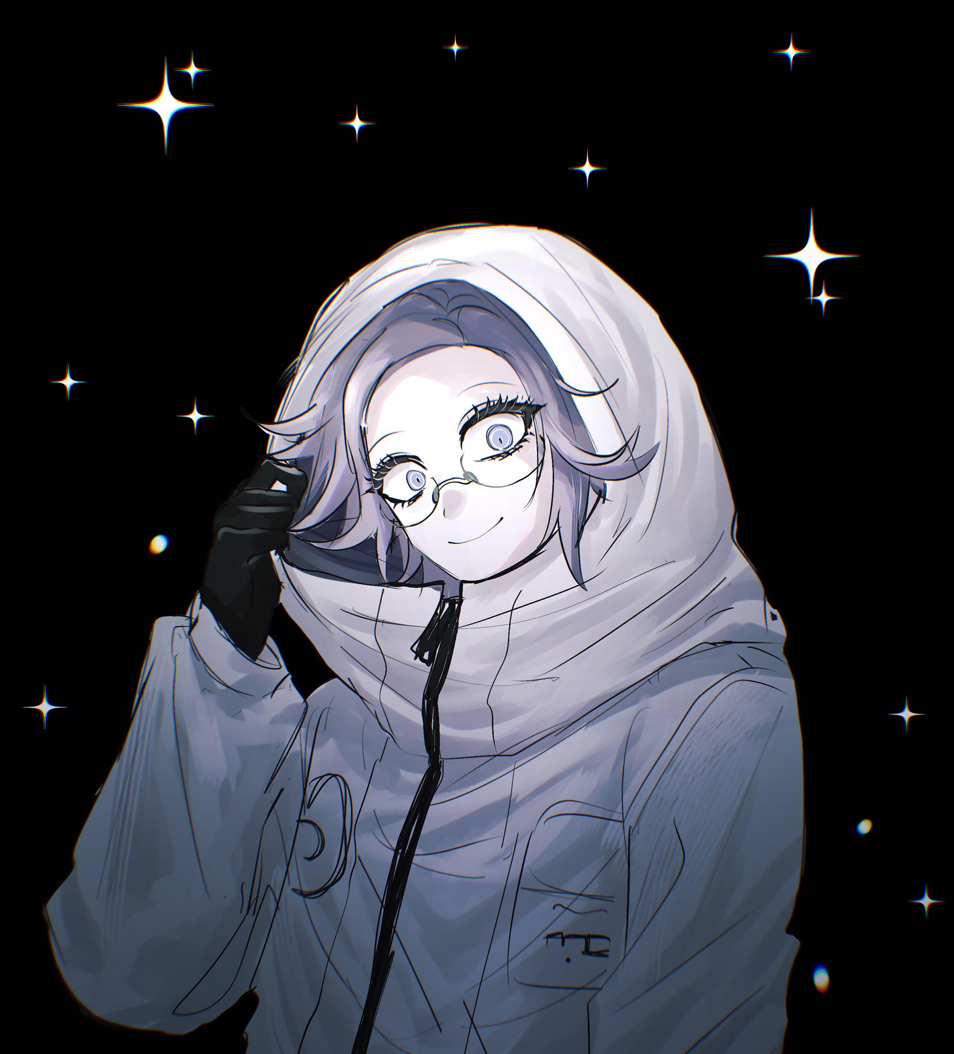 aotsuki eito, the hundred line -last defense academy-, highres, 1boy, adjusting hood, black background, breast pocket, eyelashes, glasses, gloves, grey hair, hood, hood up, hooded jacket, jacket, looking at viewer, male focus, pocket, purple eyes, ringed eyes, short hair, smile, solo, star (sky), star (symbol), takonaka, white jacket, wide-eyed