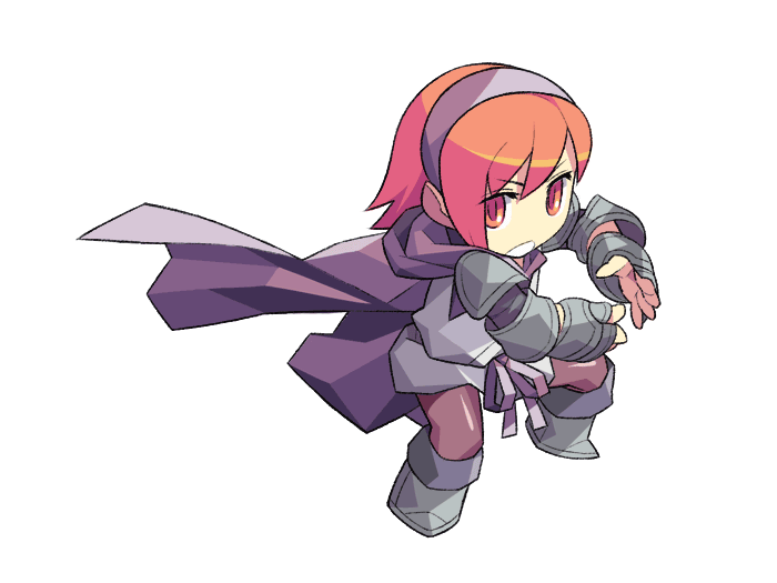 itsumo nokoru, black belt (final fantasy), refia, final fantasy, final fantasy iii, square enix, archived source, 1girl, anime coloring, armor, boots, brown leggings, cape, couter, deformed, dougi, full body, gauntlets, hair between eyes, hairband, karate gi, knee boots, leggings, legs apart, martial arts, no nose, open hands, orange hair, pauldrons, purple cape, purple hairband, red eyes, short sleeves, shoulder armor, sidelocks, simple background, solo, standing, teeth, v-shaped eyebrows, white background, white dougi
