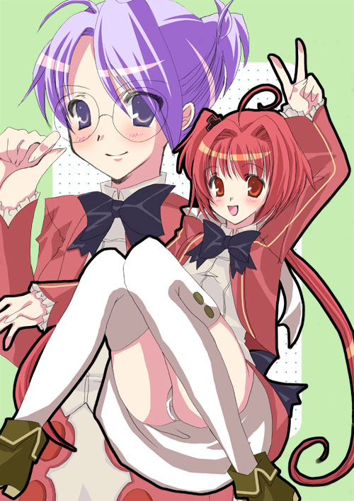 ll (artist), 2girls, glasses, multiple girls, panties, pantyshot, school uniform, serafuku, thighhighs, underwear, v