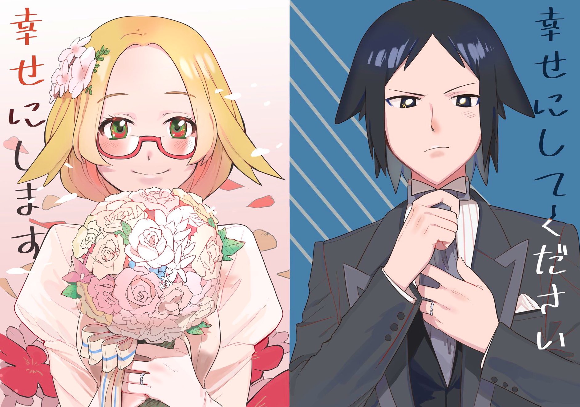 nashubi (to infinity wow), bianca (pokemon), cheren (pokemon), nintendo, pokemon, pokemon bw2, highres, protected link, 1boy, 1girl, adjusting clothes, adjusting necktie, black hair, blonde hair, blush, bouquet, bride, dress, flower, green eyes, groom, hair flower, hair ornament, holding, holding bouquet, jewelry, looking at viewer, necktie, ring, smile, tuxedo, wedding dress