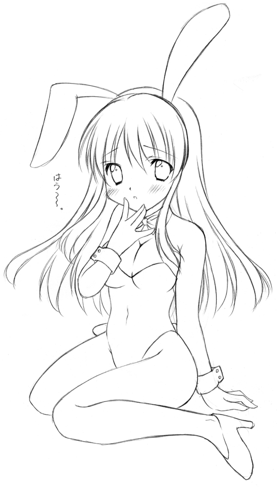 hinapo, asahina mikuru, suzumiya haruhi no yuuutsu, 00s, 1girl, animal ears, bare legs, fake animal ears, female focus, greyscale, leotard, monochrome, playboy bunny, rabbit ears, solo, wrist cuffs