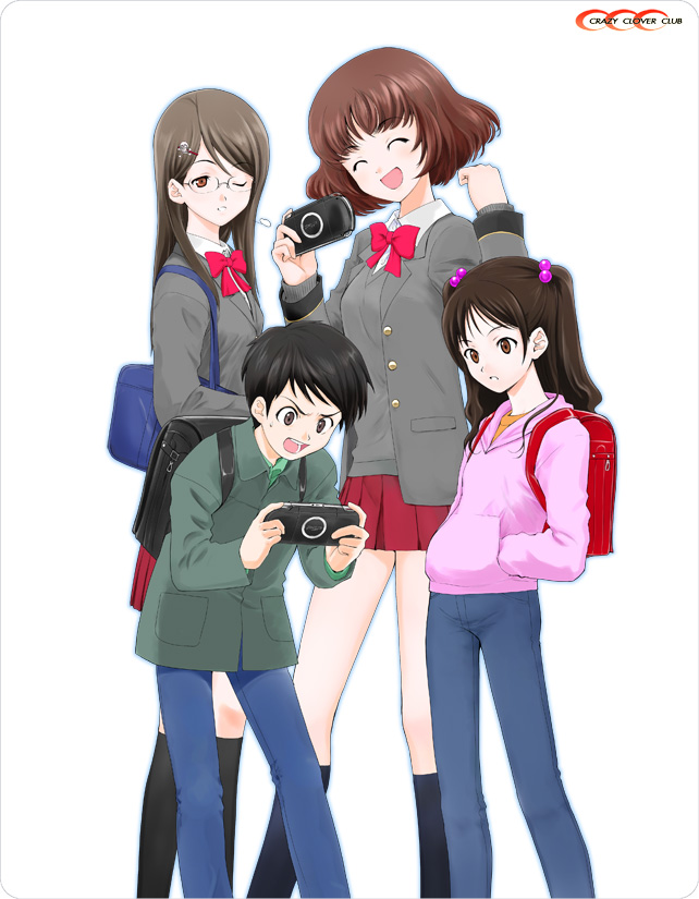 shirotsumekusa, original, 1boy, 3girls, handheld game console, multiple girls, playing games, playstation portable, school uniform, serafuku, video game
